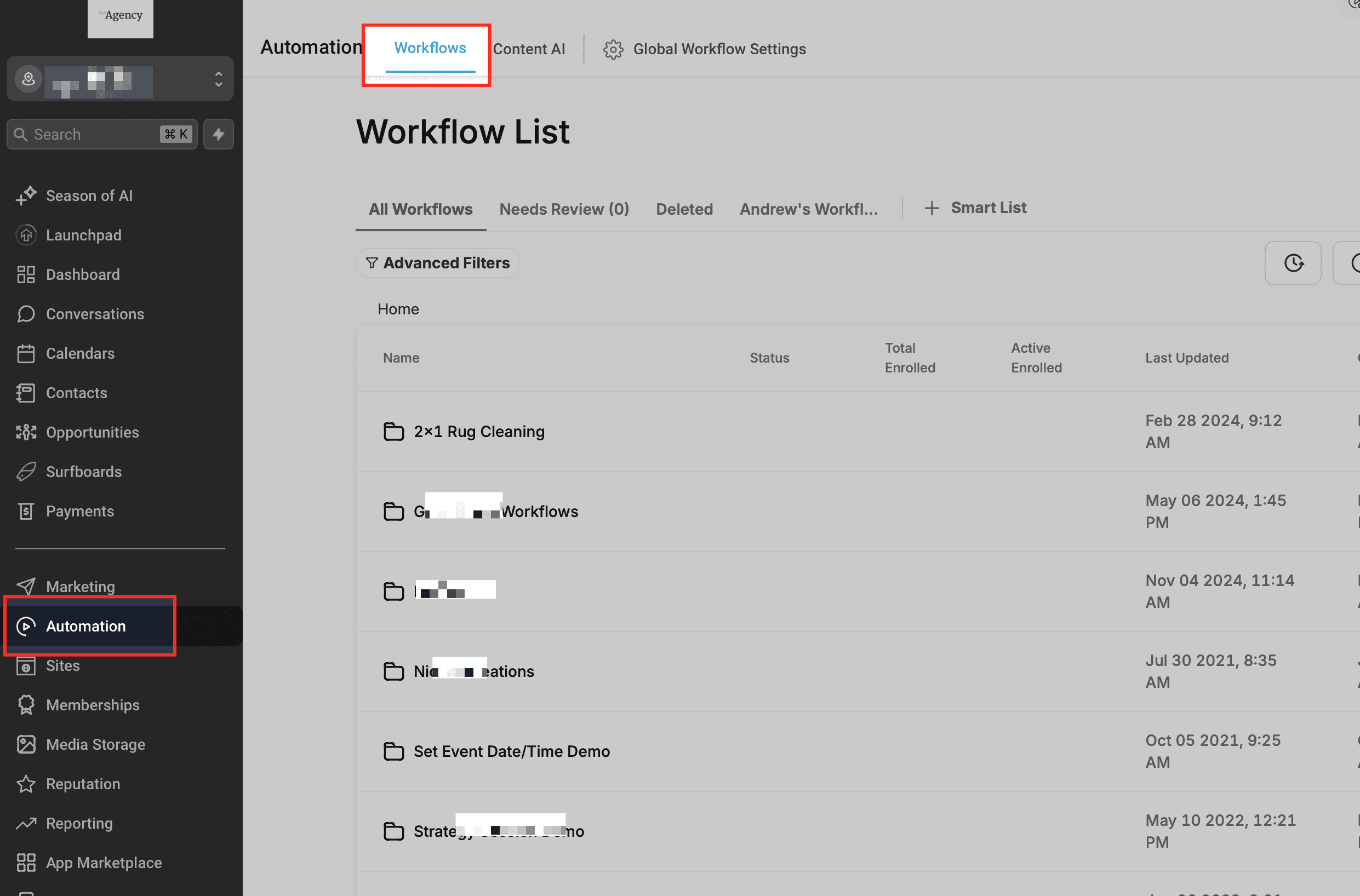 Sección Workflows en la plataforma