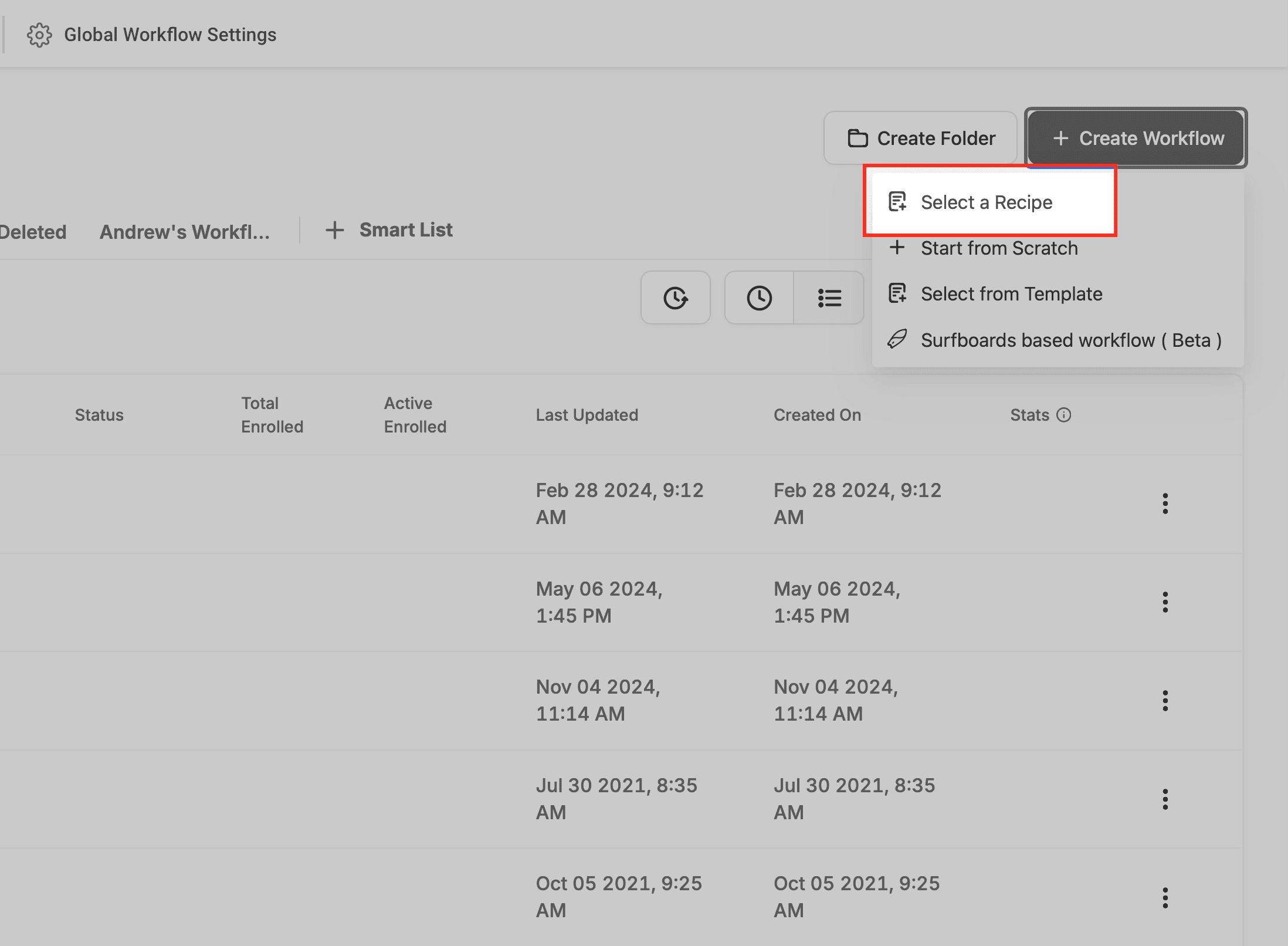 Lista de recetas disponibles