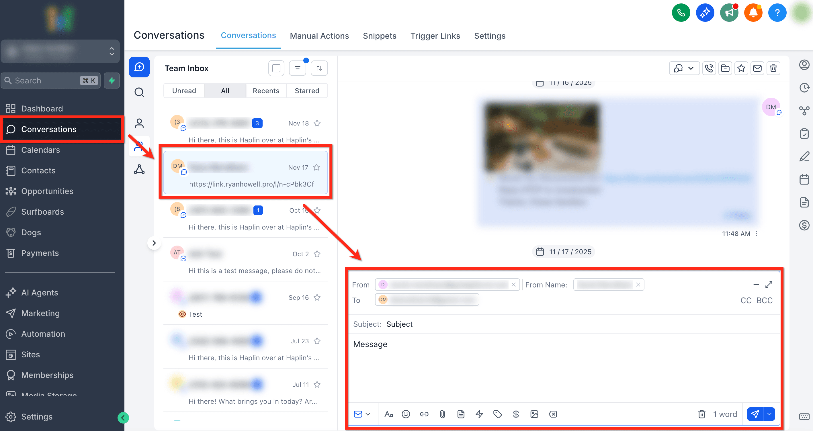 Compositor de email en Conversaciones con campos de asunto y cuerpo del mensaje visibles