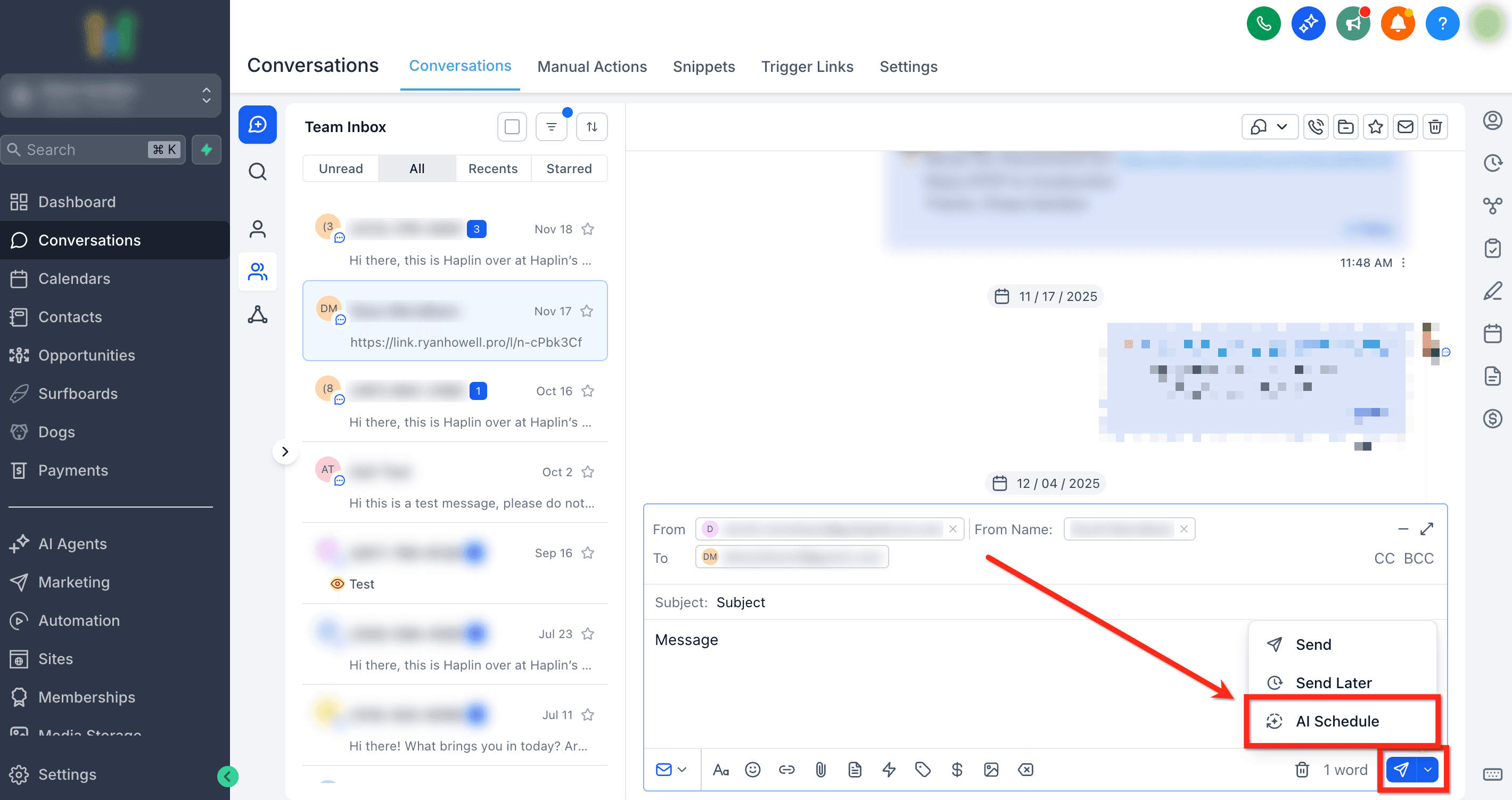 Menú desplegable de envío con la opción AI Schedule resaltada