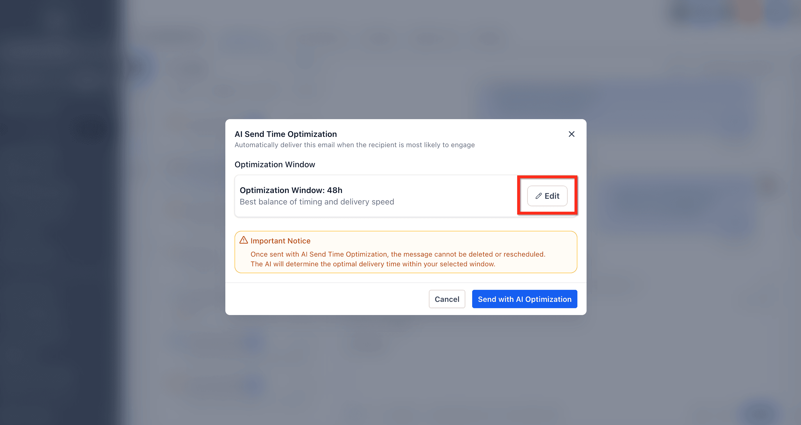 Botón Editar para modificar la ventana de optimización de AI Schedule