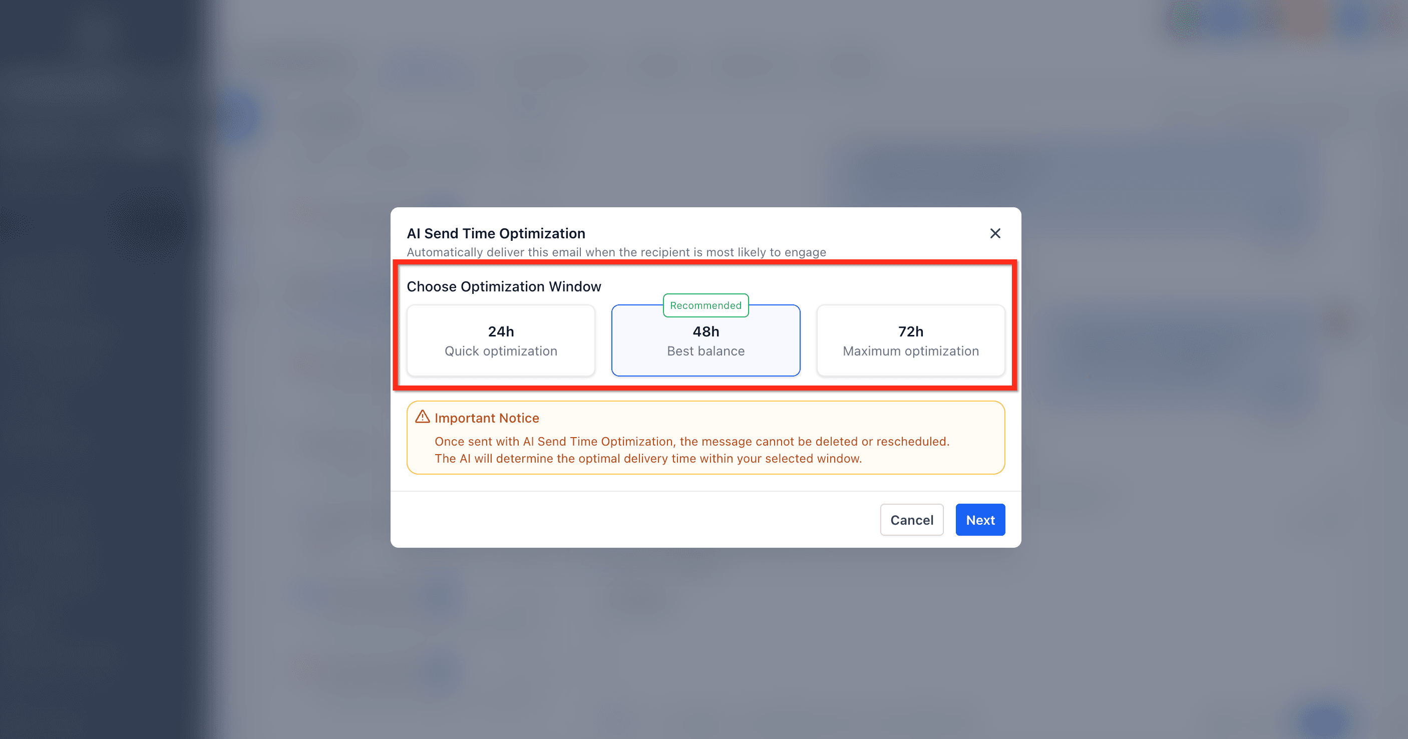 Selector de duración de ventana con opciones de 12, 48 y 72 horas y botón Siguiente