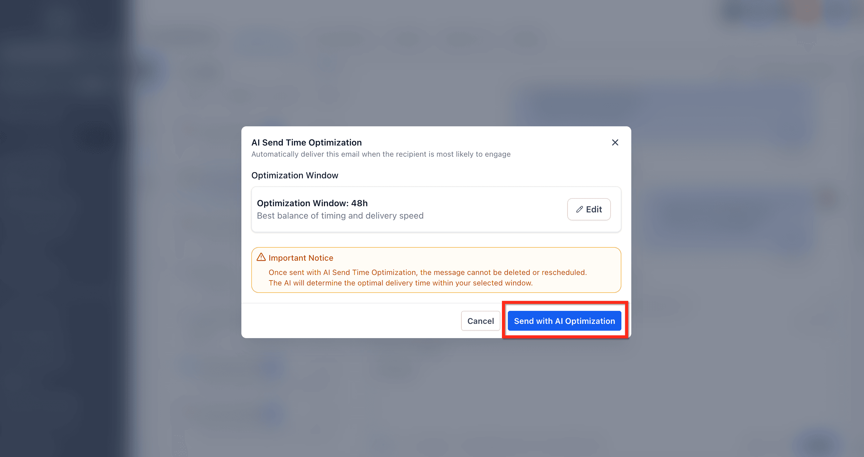 Diálogo de confirmación con el botón Enviar con Optimización IA y aviso de que la acción no se puede deshacer