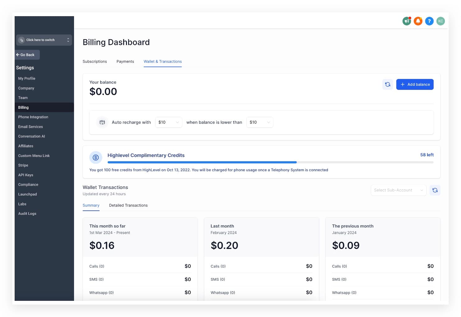 Vista de créditos y facturación en la sección de agencia