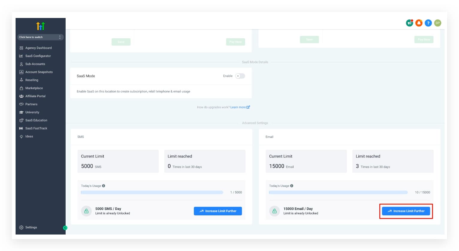 Configuración de límite de envío con dominio compartido