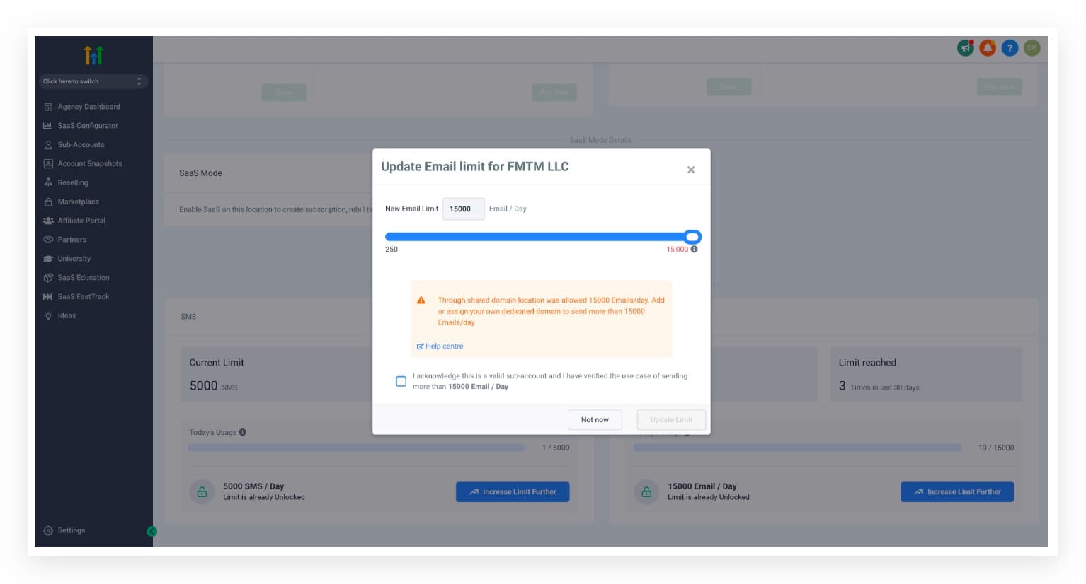 Interfaz de configuración del dominio compartido en detalles de subcuenta