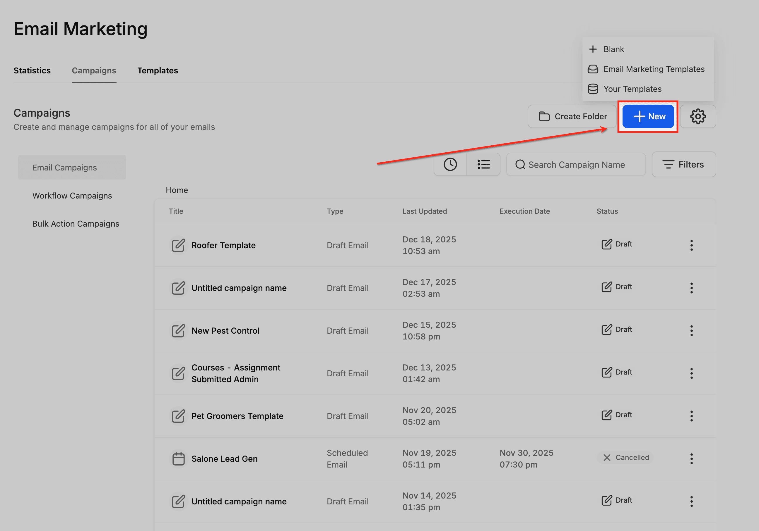 Interfaz de creación o apertura de una campaña en borrador