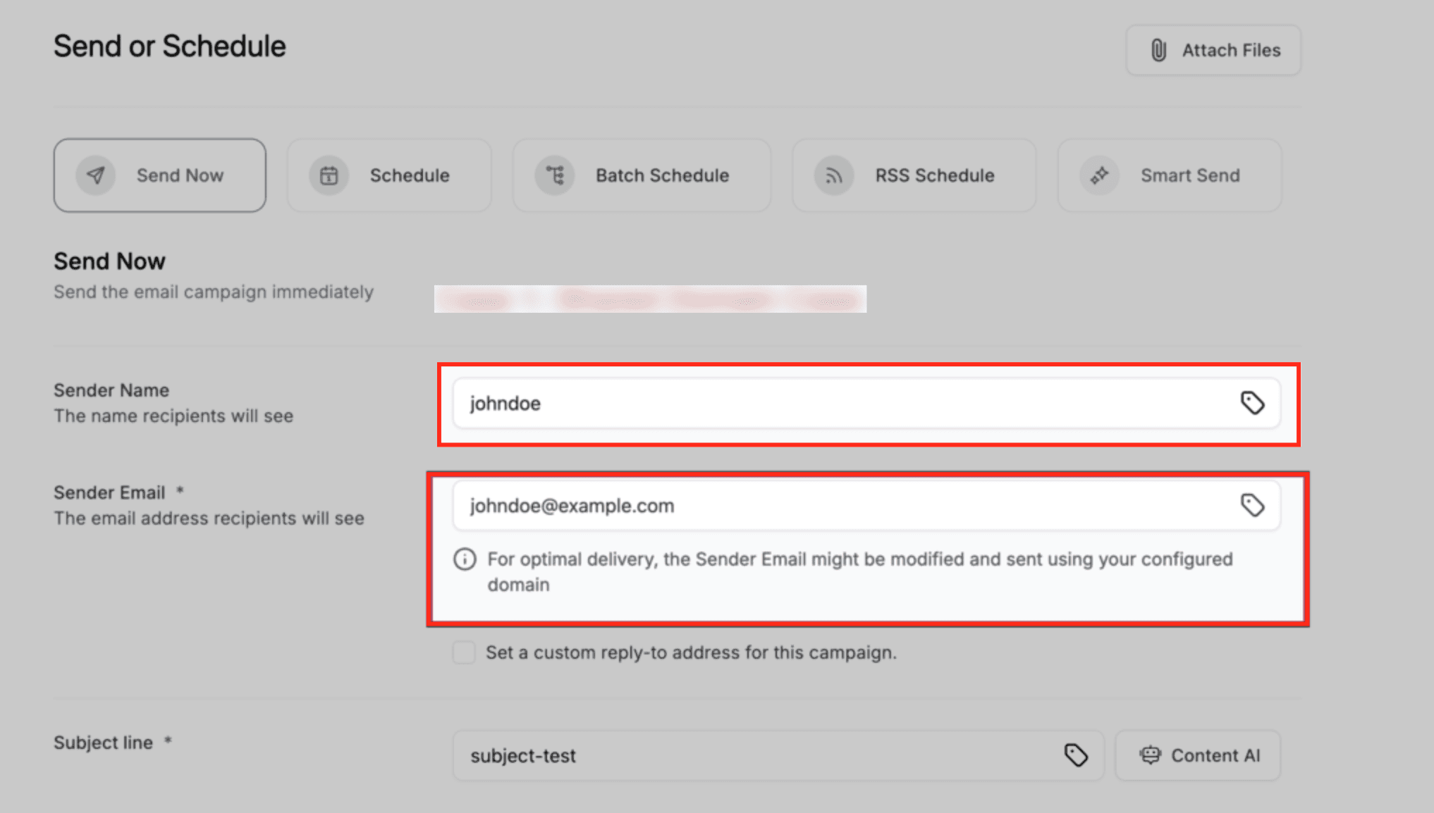 Sección de detalles del remitente con nombre y dirección de email
