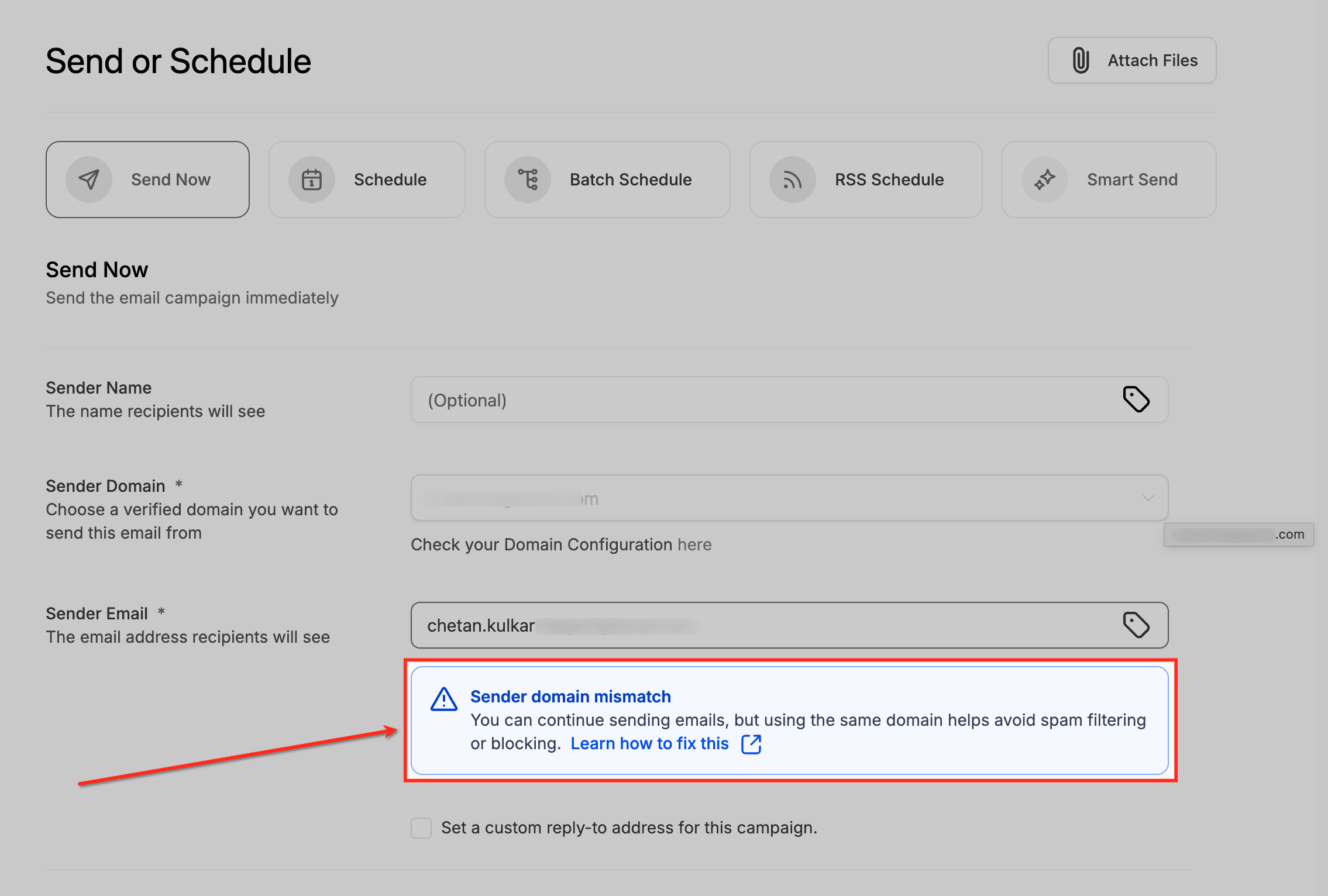 Ejemplo visual de advertencias y errores en el proceso de verificación de dominio