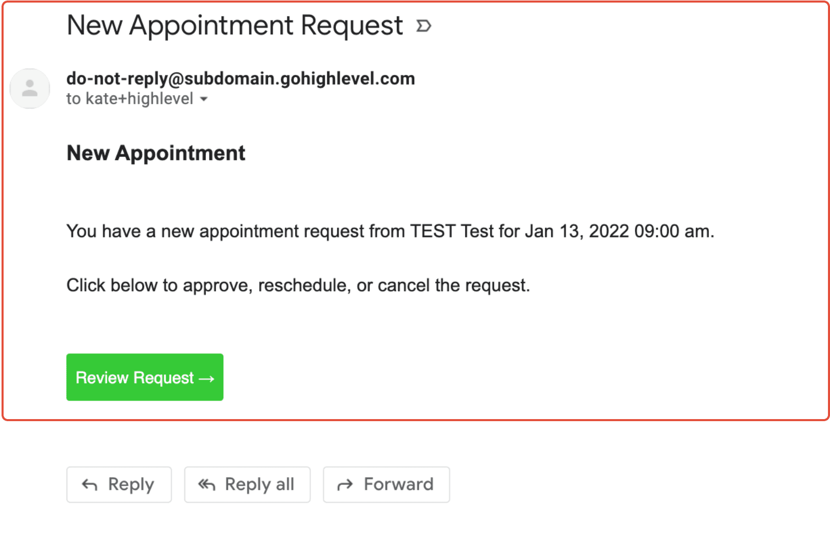 Ejemplo de email de nueva solicitud de cita enviado automáticamente al responsable de la agenda