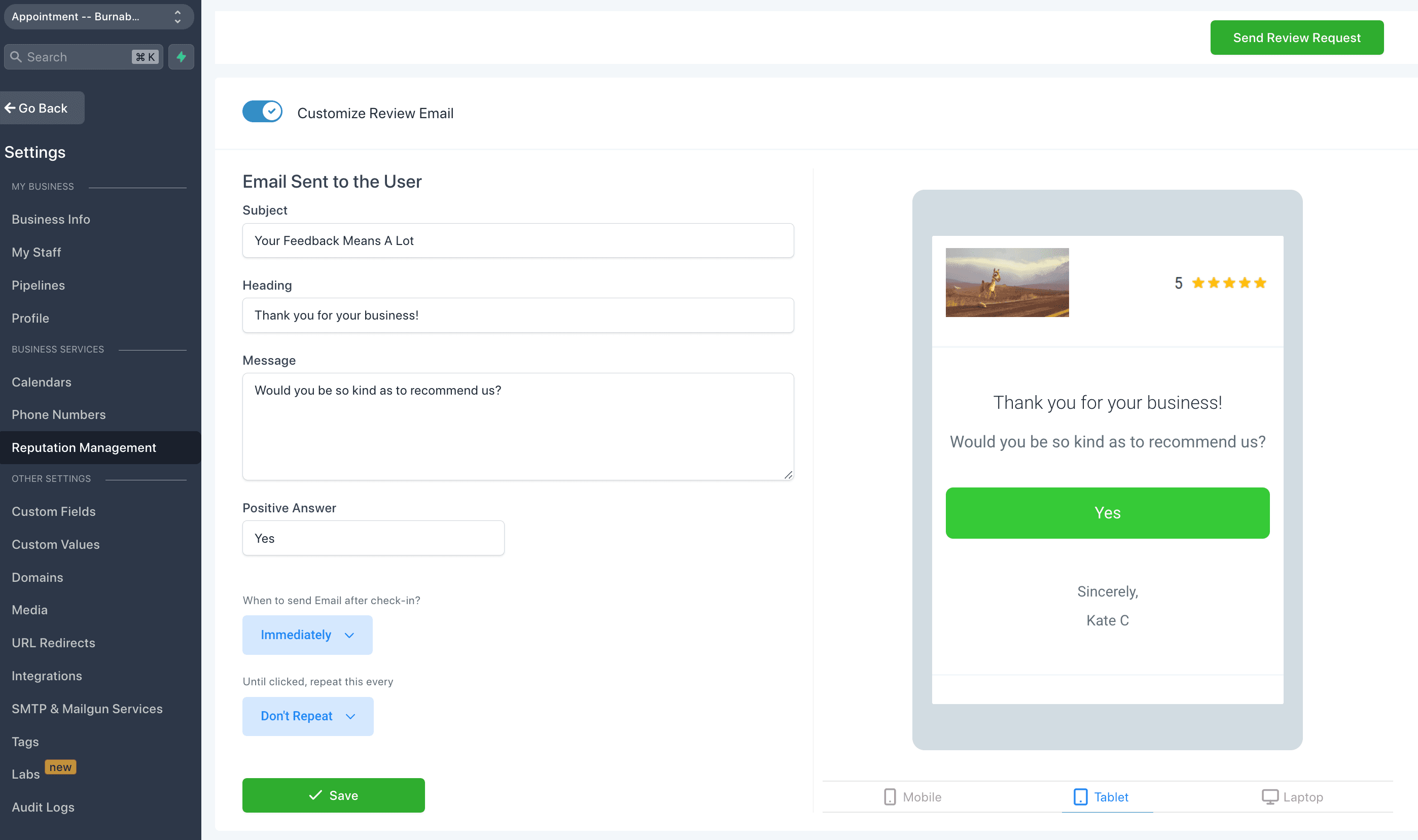 Ejemplo de email automático de solicitud de reseña tras una cita completada