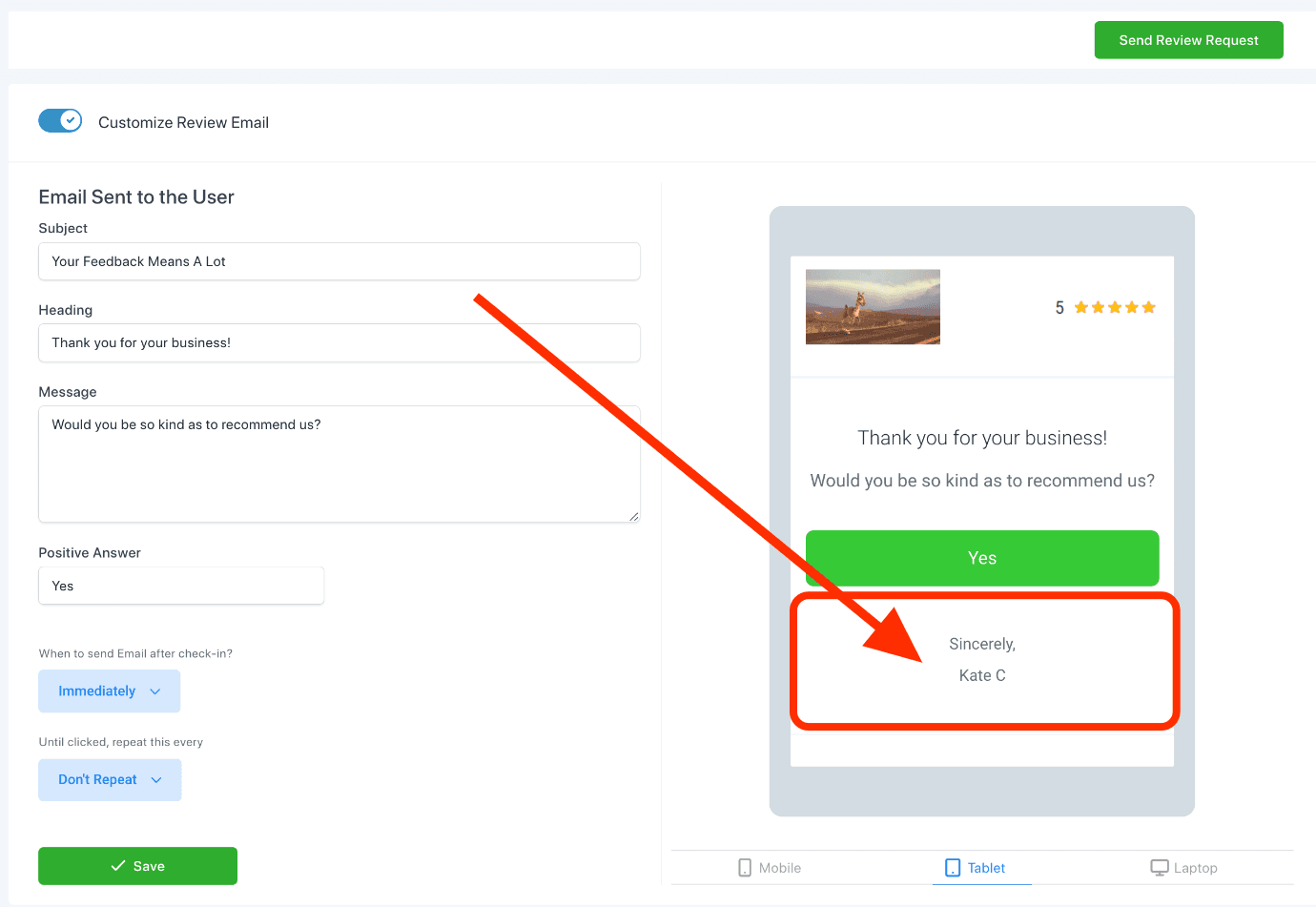 Configuración del email de solicitud de reseña de cita
