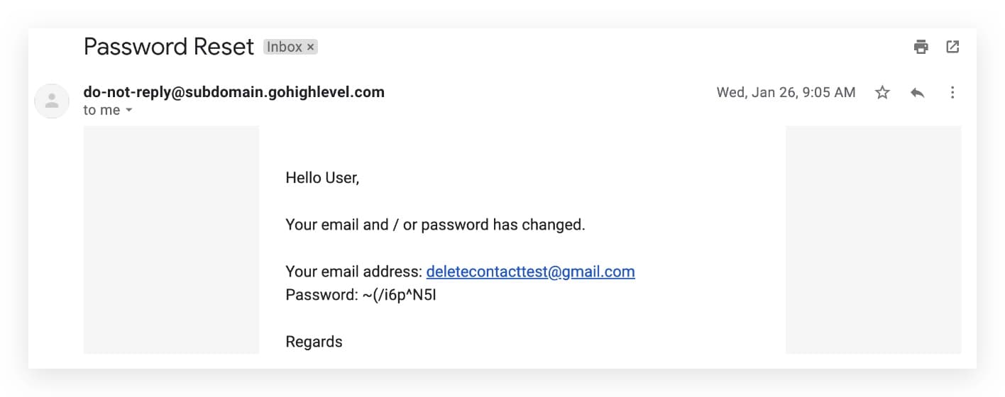 Email automático de restablecimiento de contraseña enviado al usuario que lo solicita