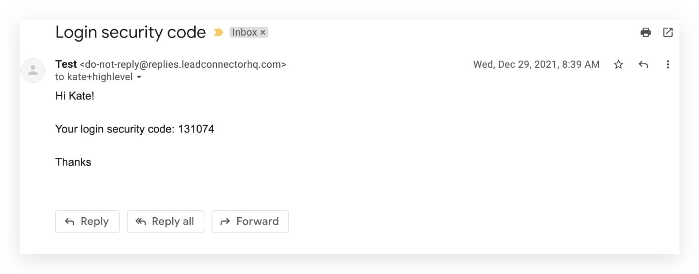 Email de código de verificación para autenticación de dos factores (2FA) al iniciar sesión