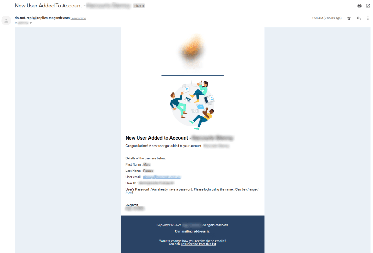 Email automático de bienvenida enviado al nuevo usuario al ser agregado a la cuenta