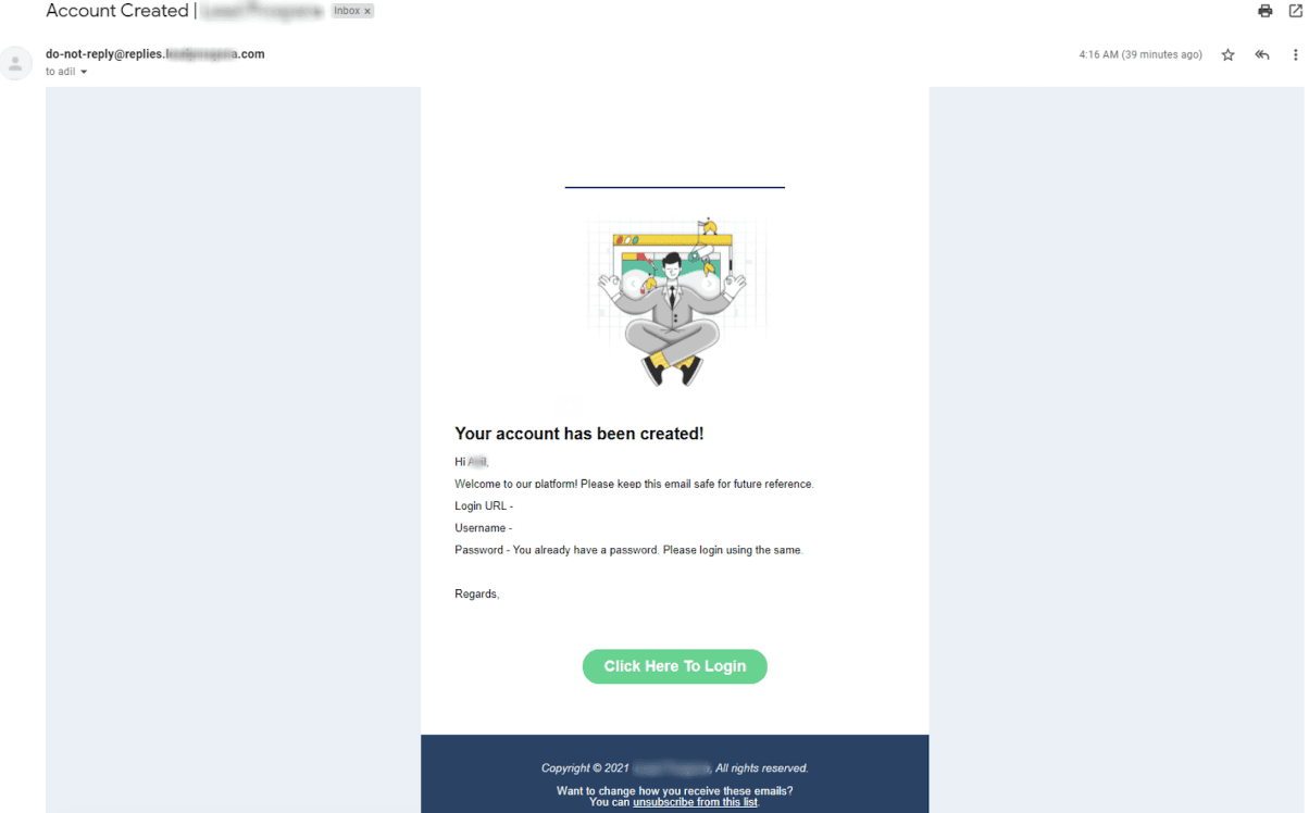 Detalle del email de nuevo usuario con credenciales de acceso a la plataforma