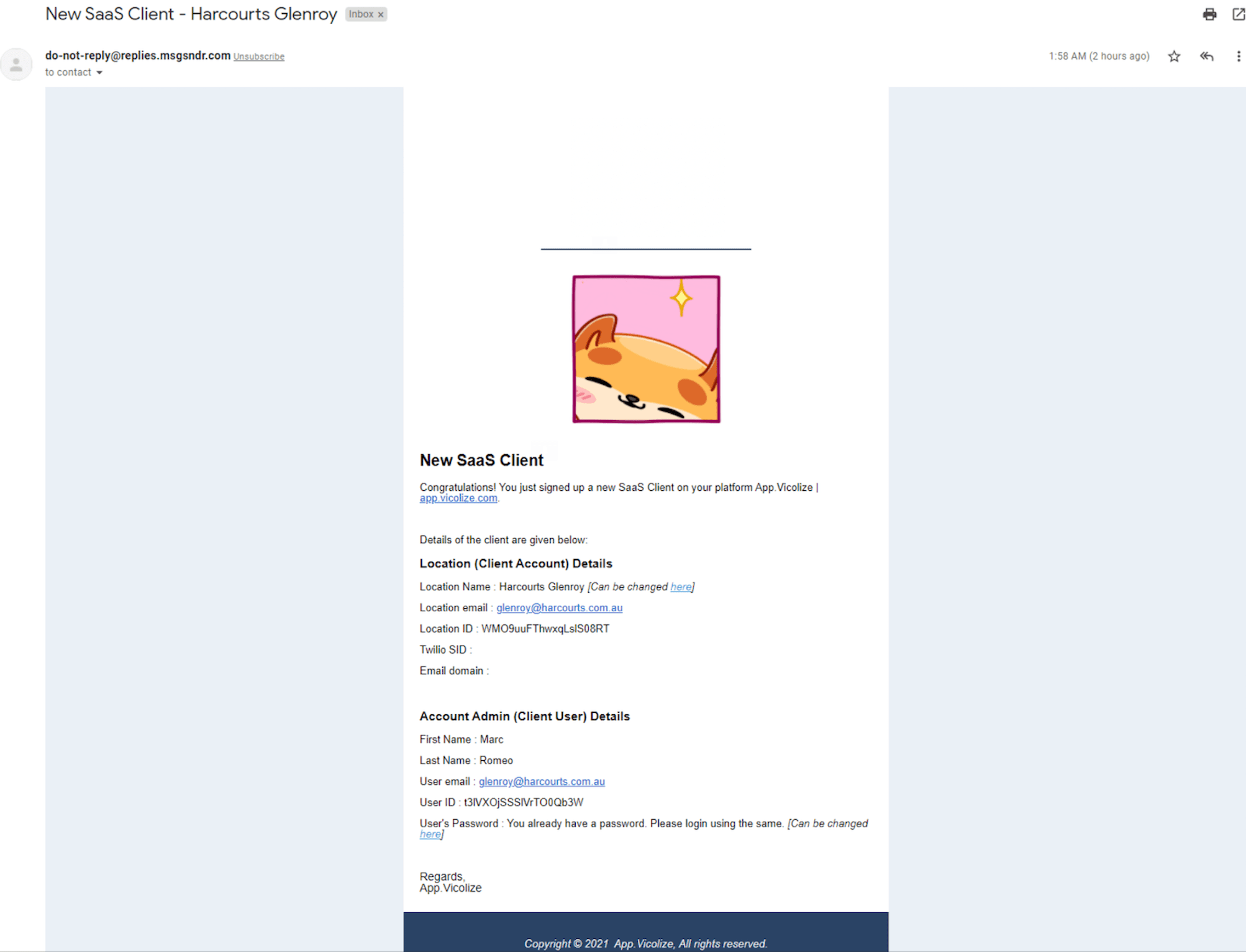 Pantalla de configuración relacionada con el envío del email de nuevo usuario