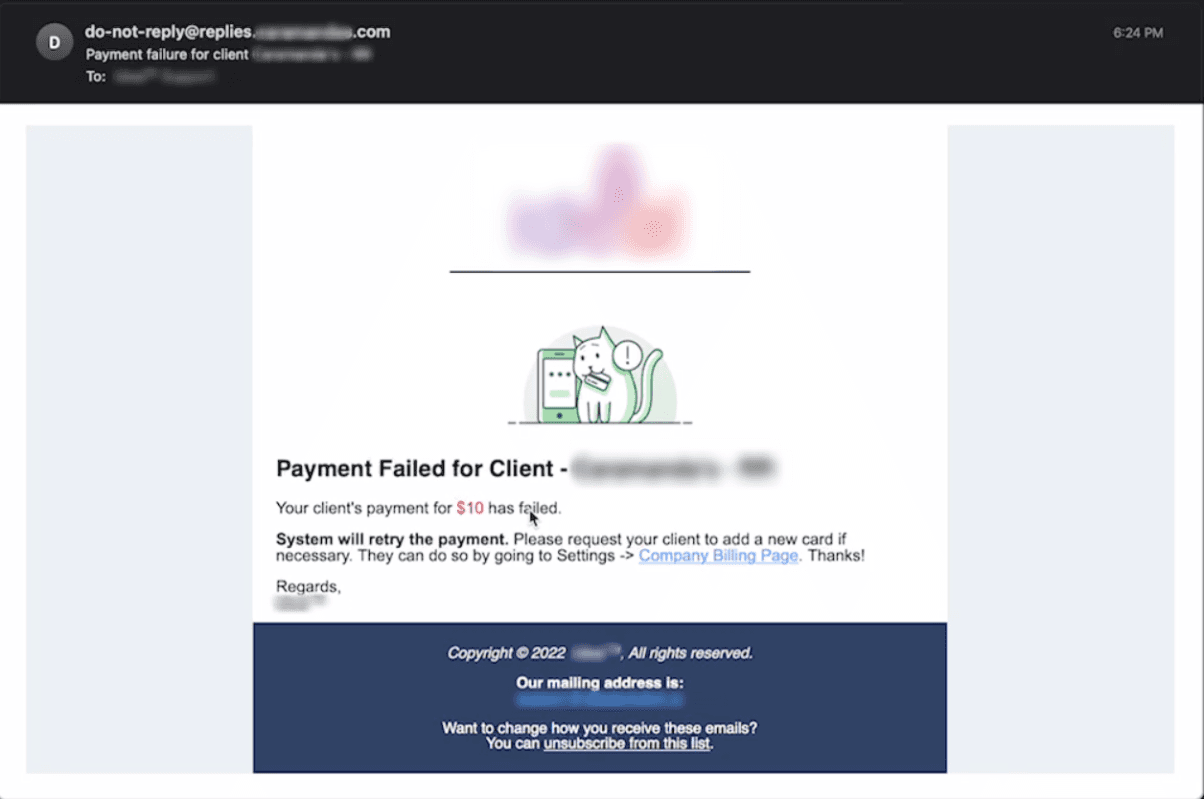 Email automático de pago fallido enviado cuando no se puede procesar un cobro de la cuenta