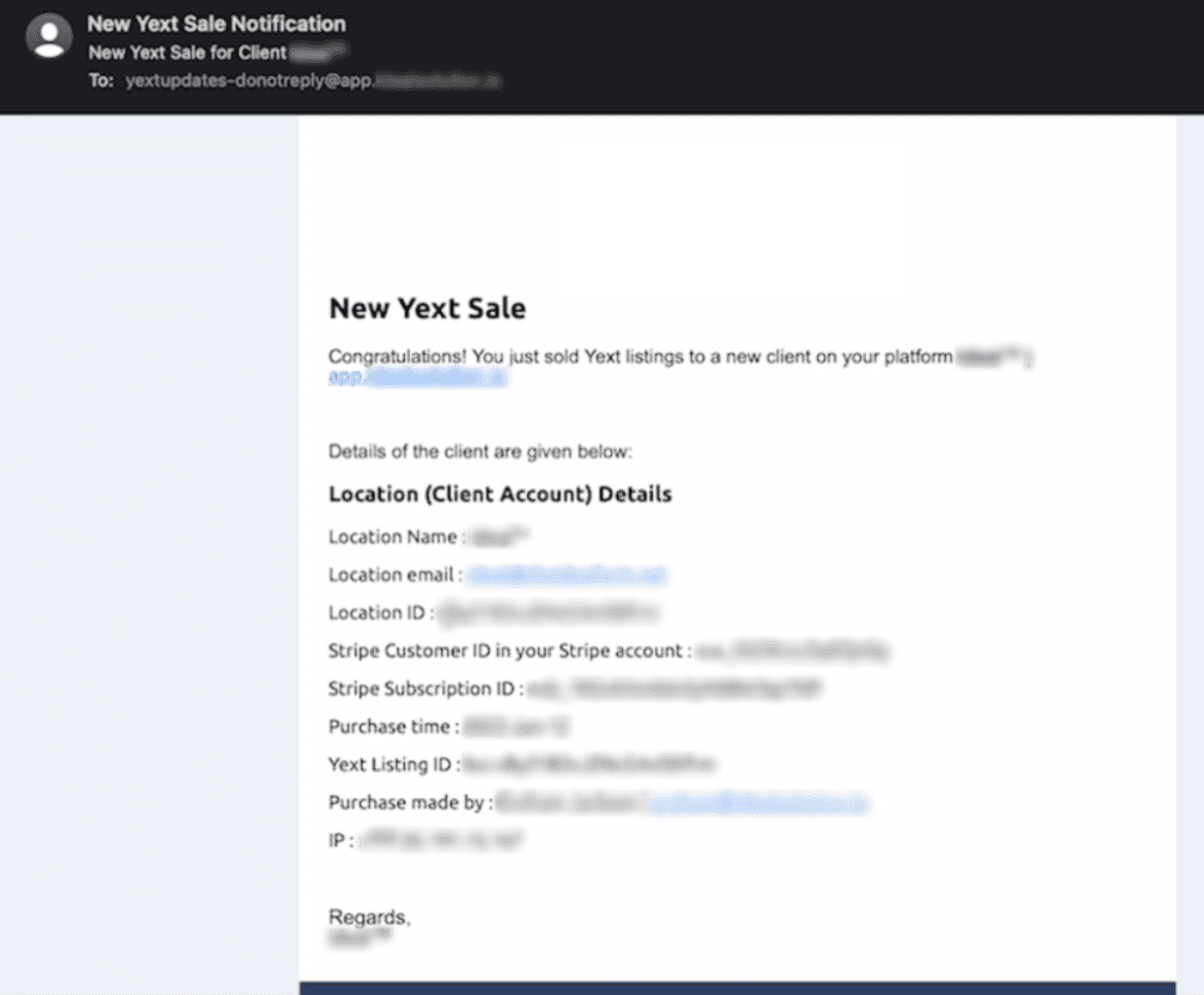 Email automático de nueva venta YEXT notificando la activación de un servicio de listados de negocio