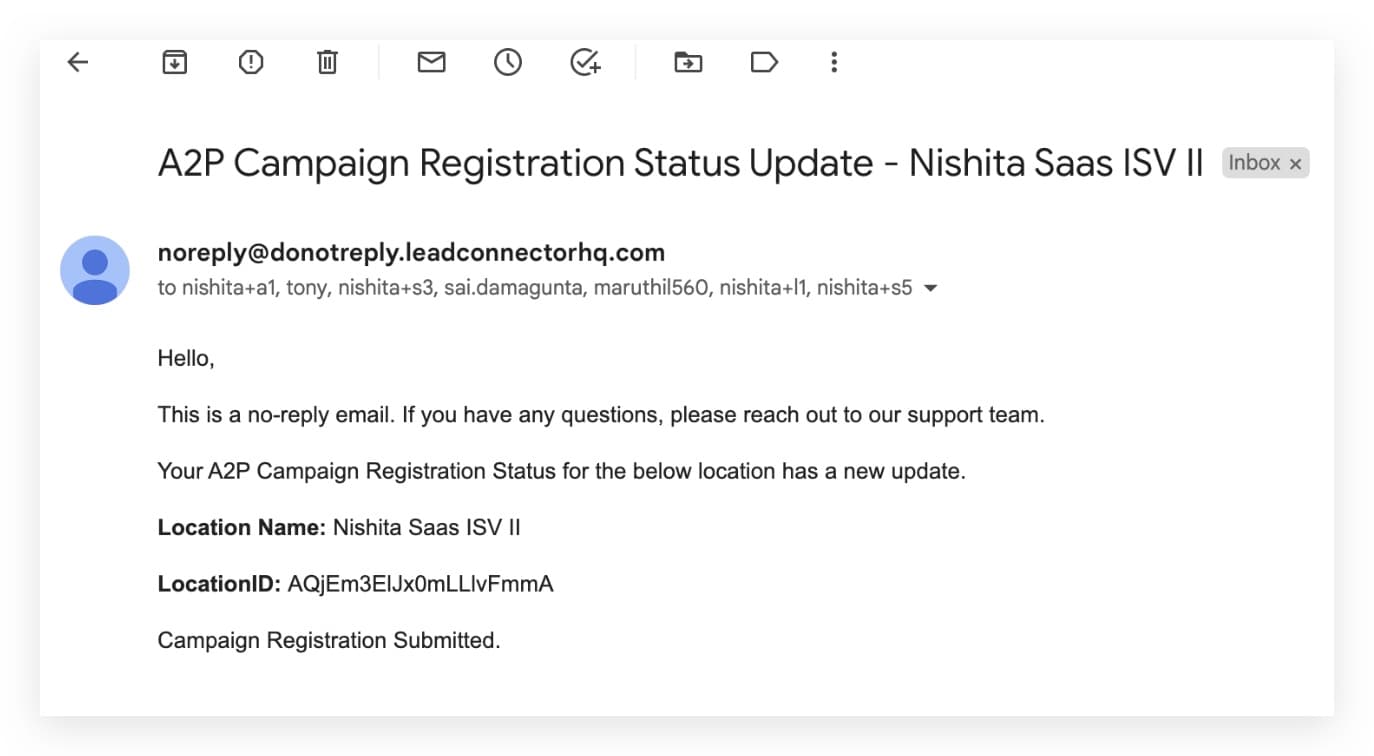 Notificación de estado de registro A2P y Toll-Free para mensajería SMS