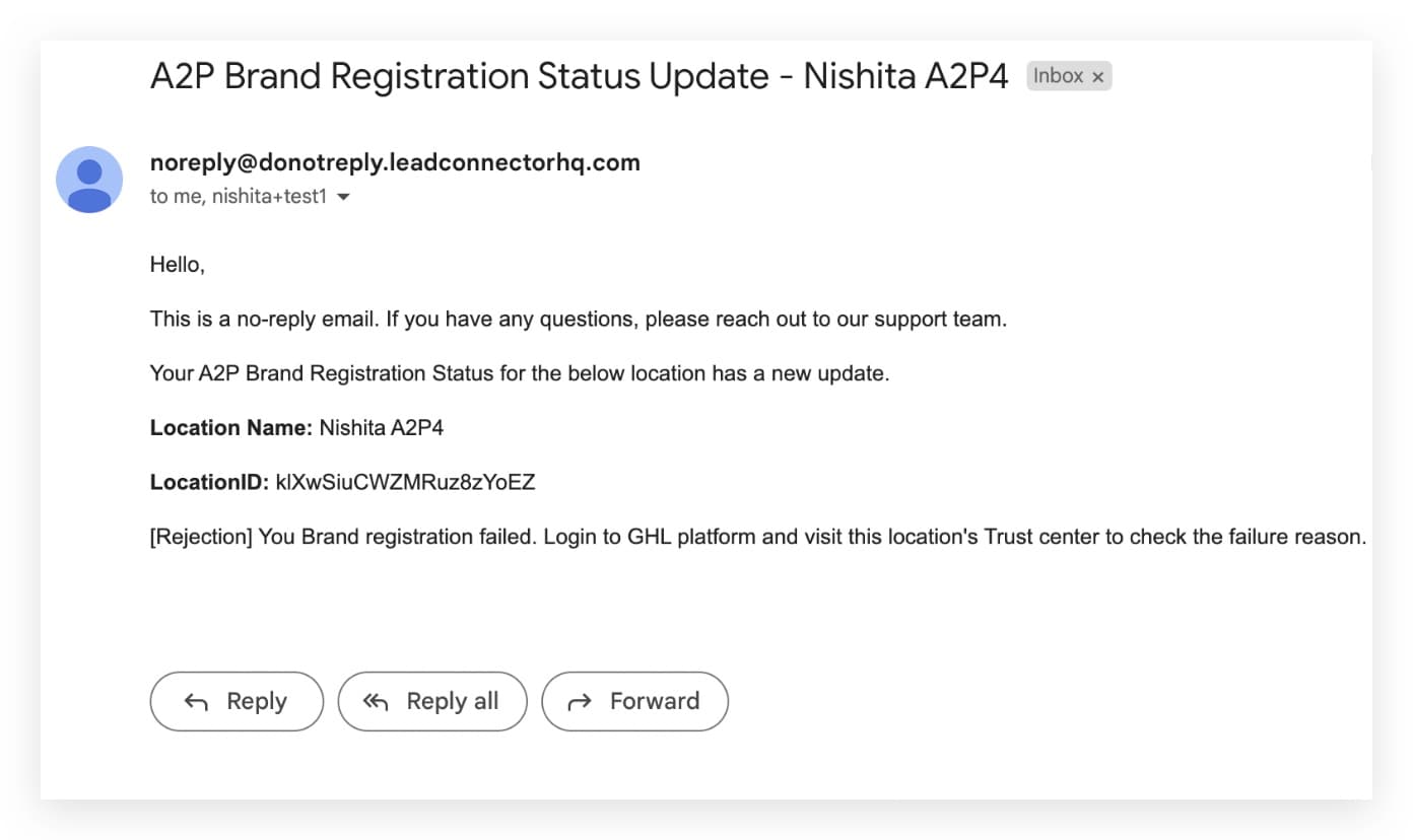Email de actualización del proceso de verificación A2P enviado a la cuenta administradora