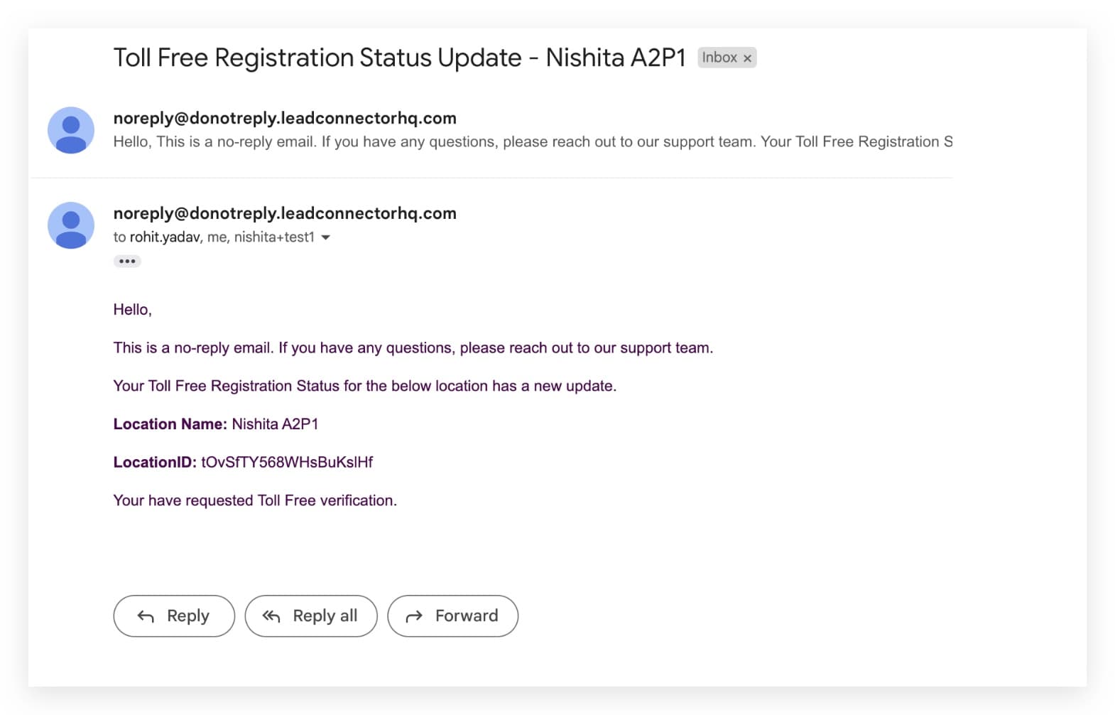 Alerta de verificación Toll-Free y A2P con detalles del estado del registro de mensajería