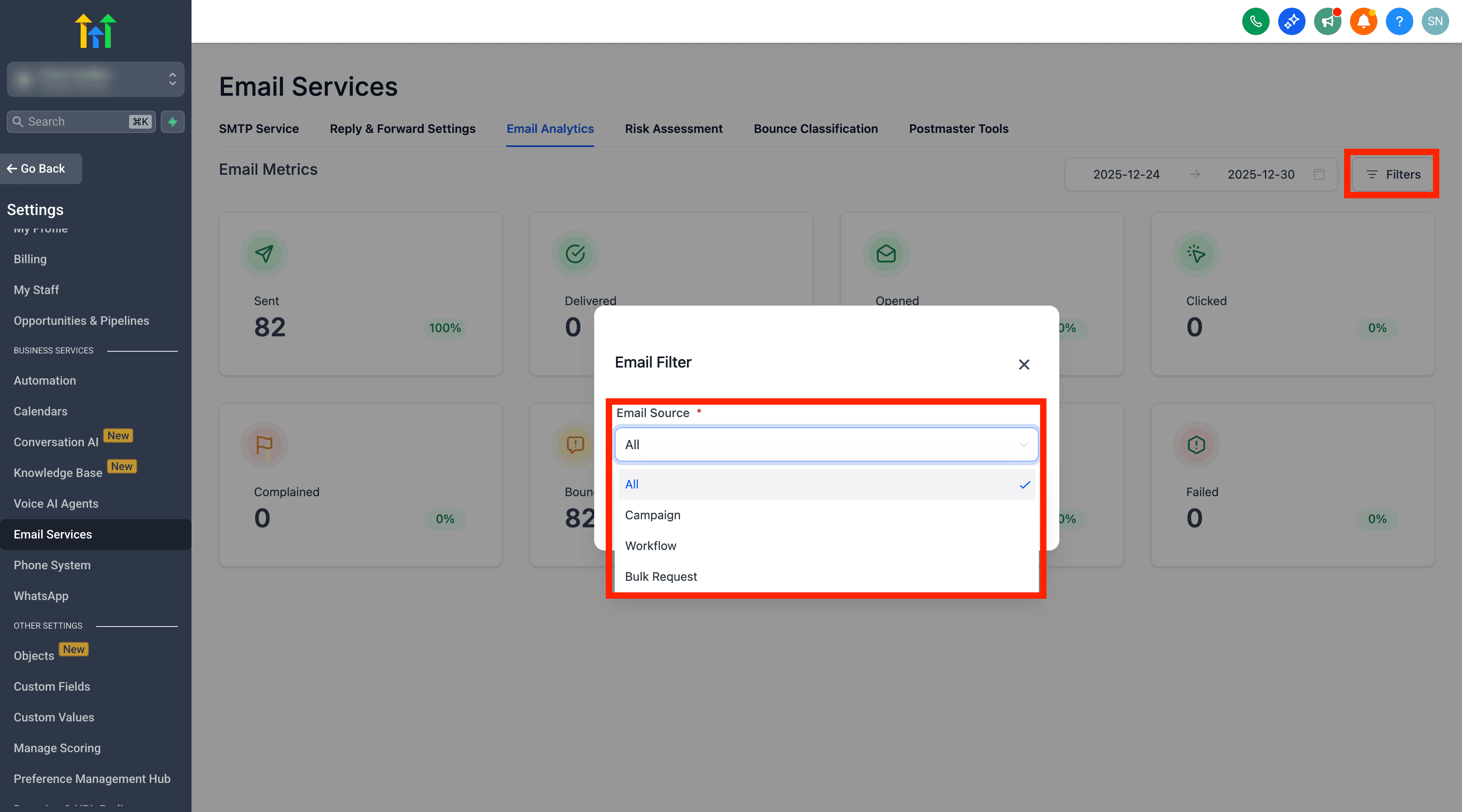 Seleccionar la fuente de email: campaña, workflow o envío masivo