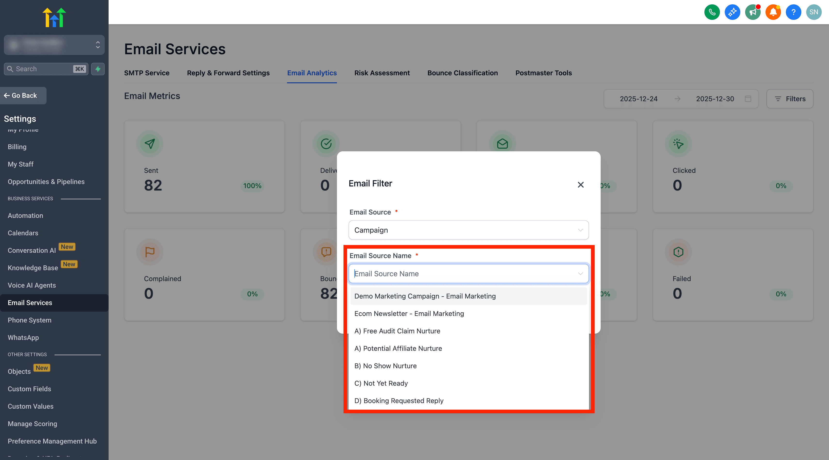 Elegir la campaña o workflow específico a analizar