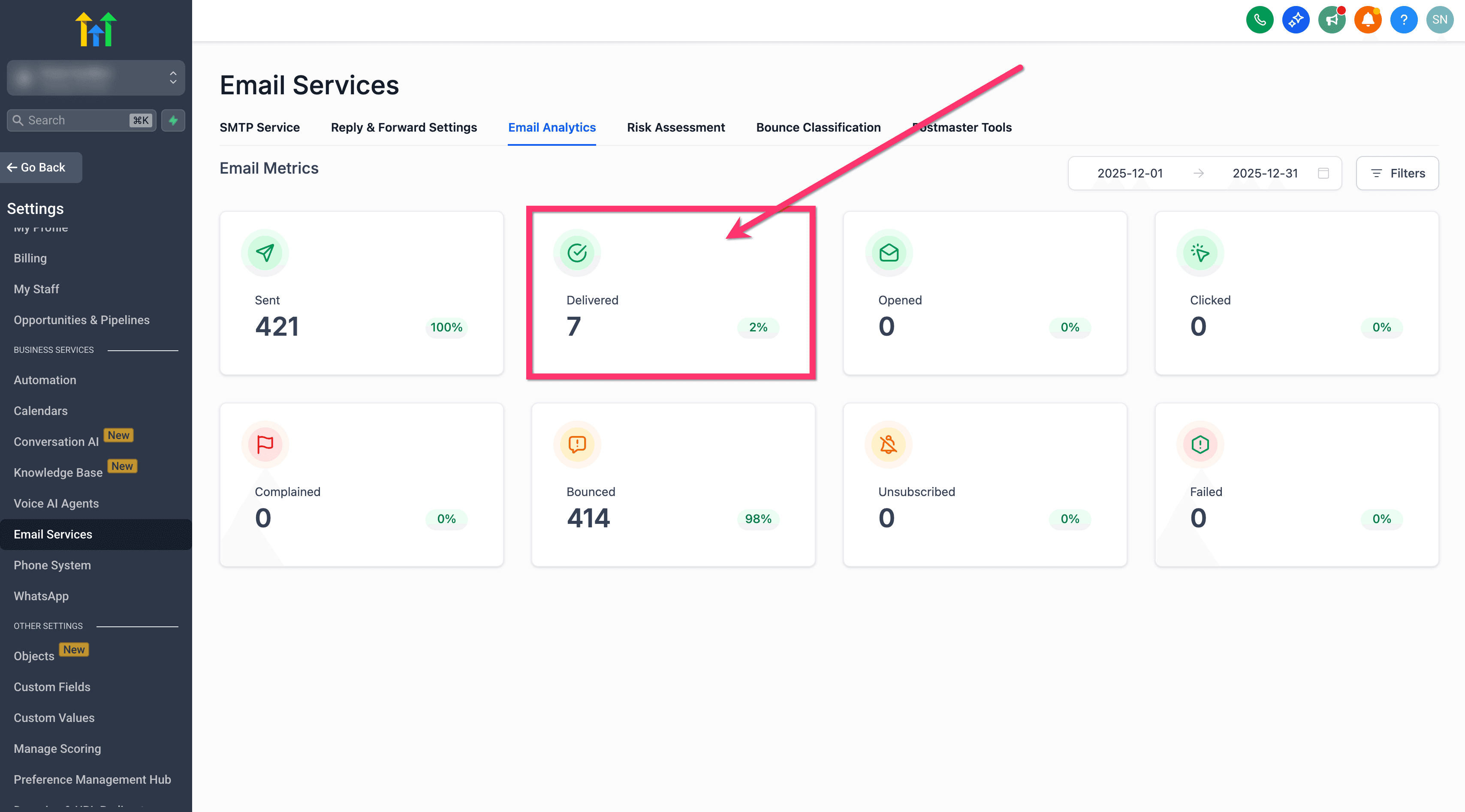 Hacer clic en una métrica para ver los contactos correspondientes