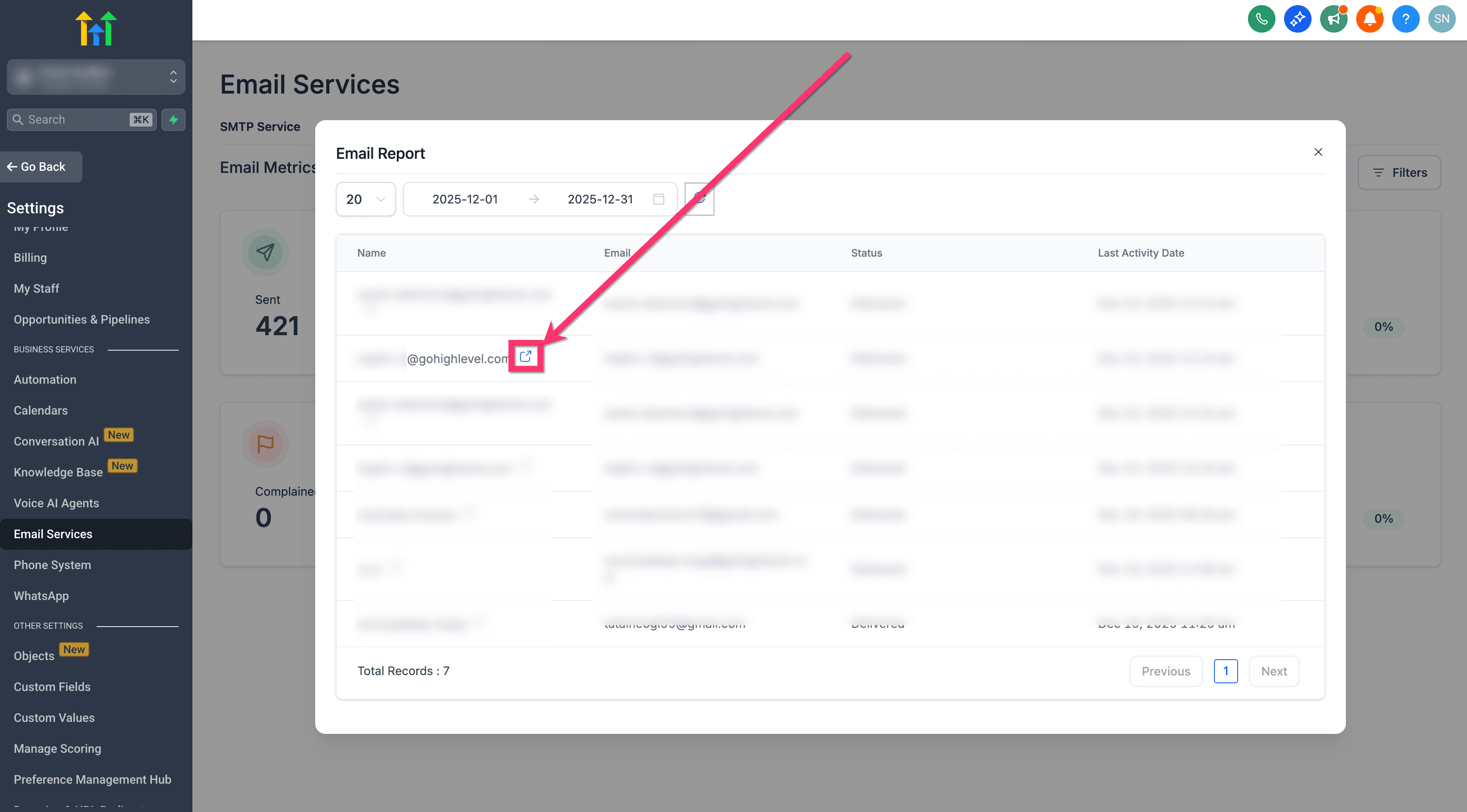 Vista general de los resultados del filtro por estadísticas de email