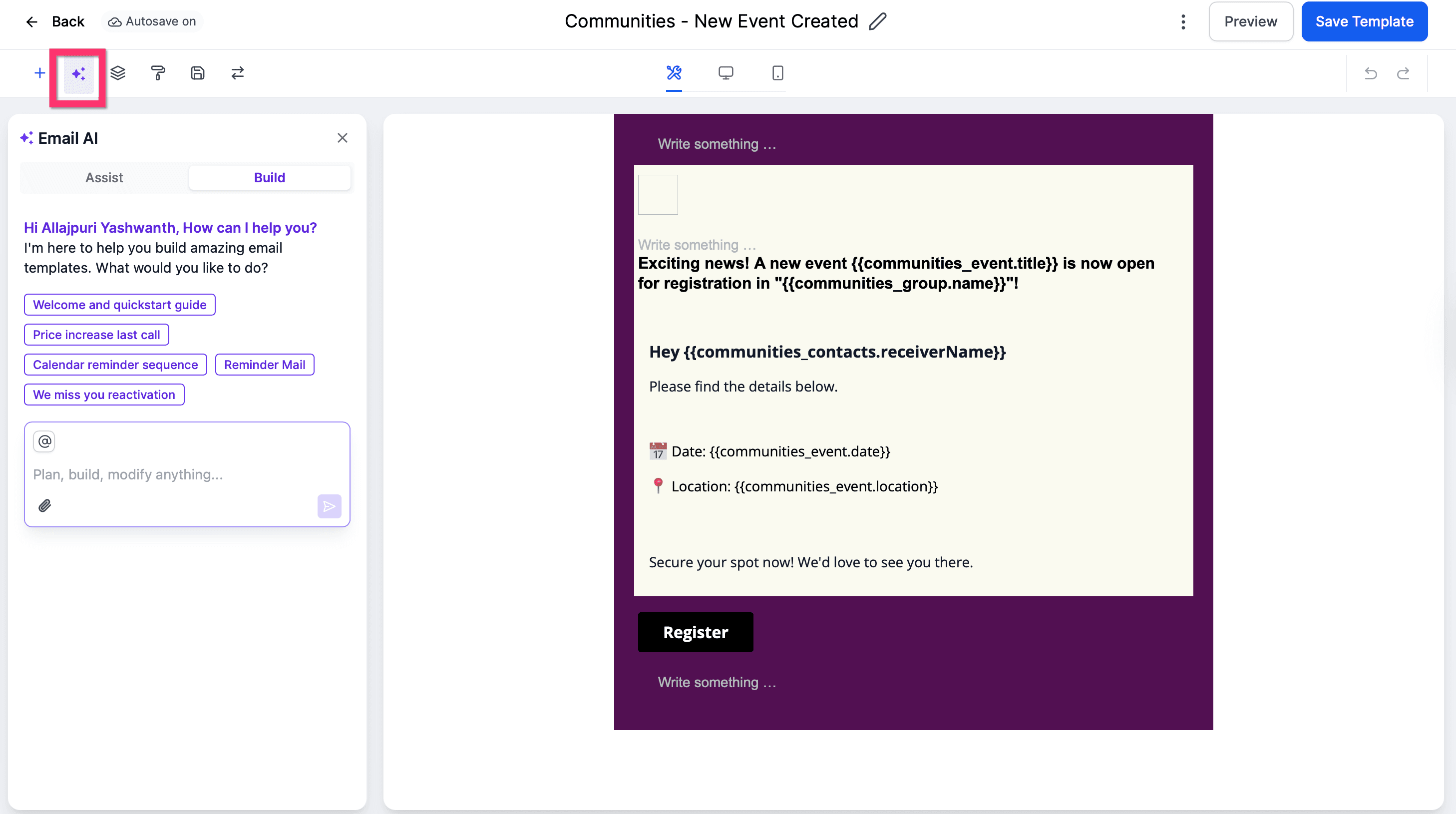 Panel de edición anclado a la derecha