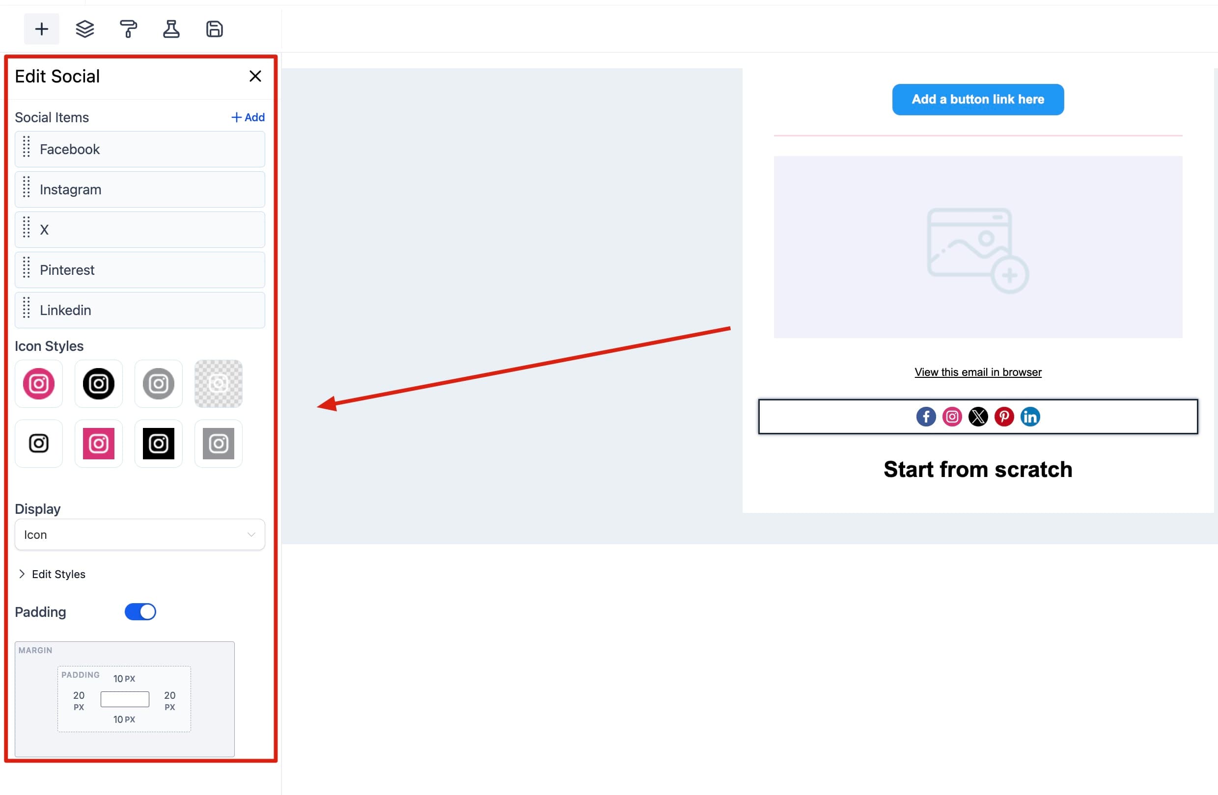 Opciones de redes sociales