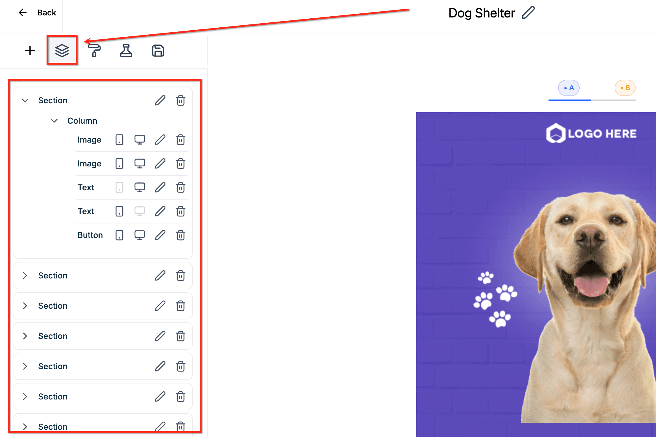 Panel Gestionar elementos