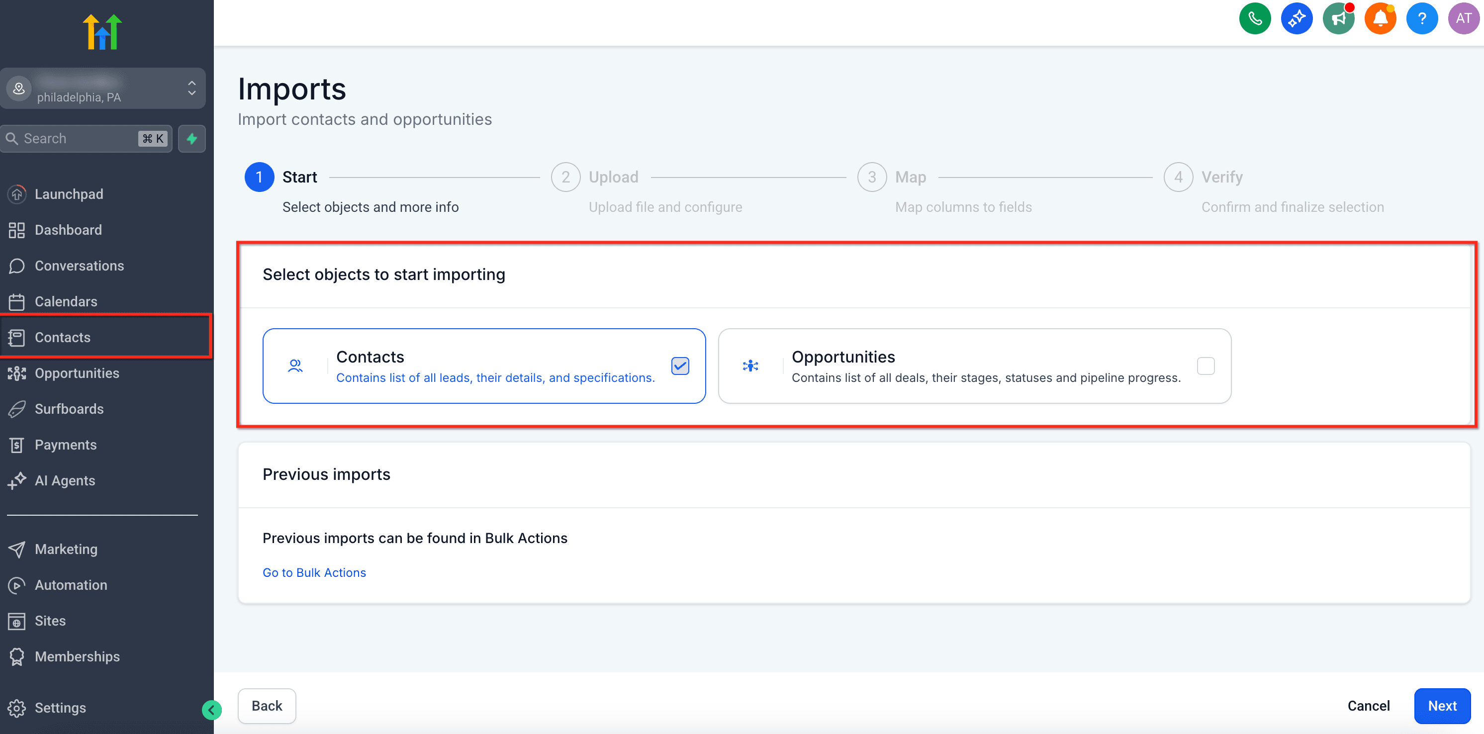 Seleccionar tipo de importación: contactos u oportunidades