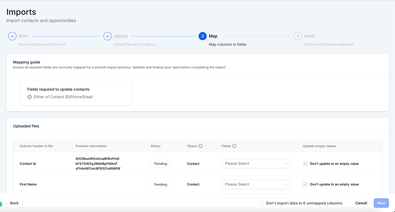 Mapear columnas del CSV a campos del sistema