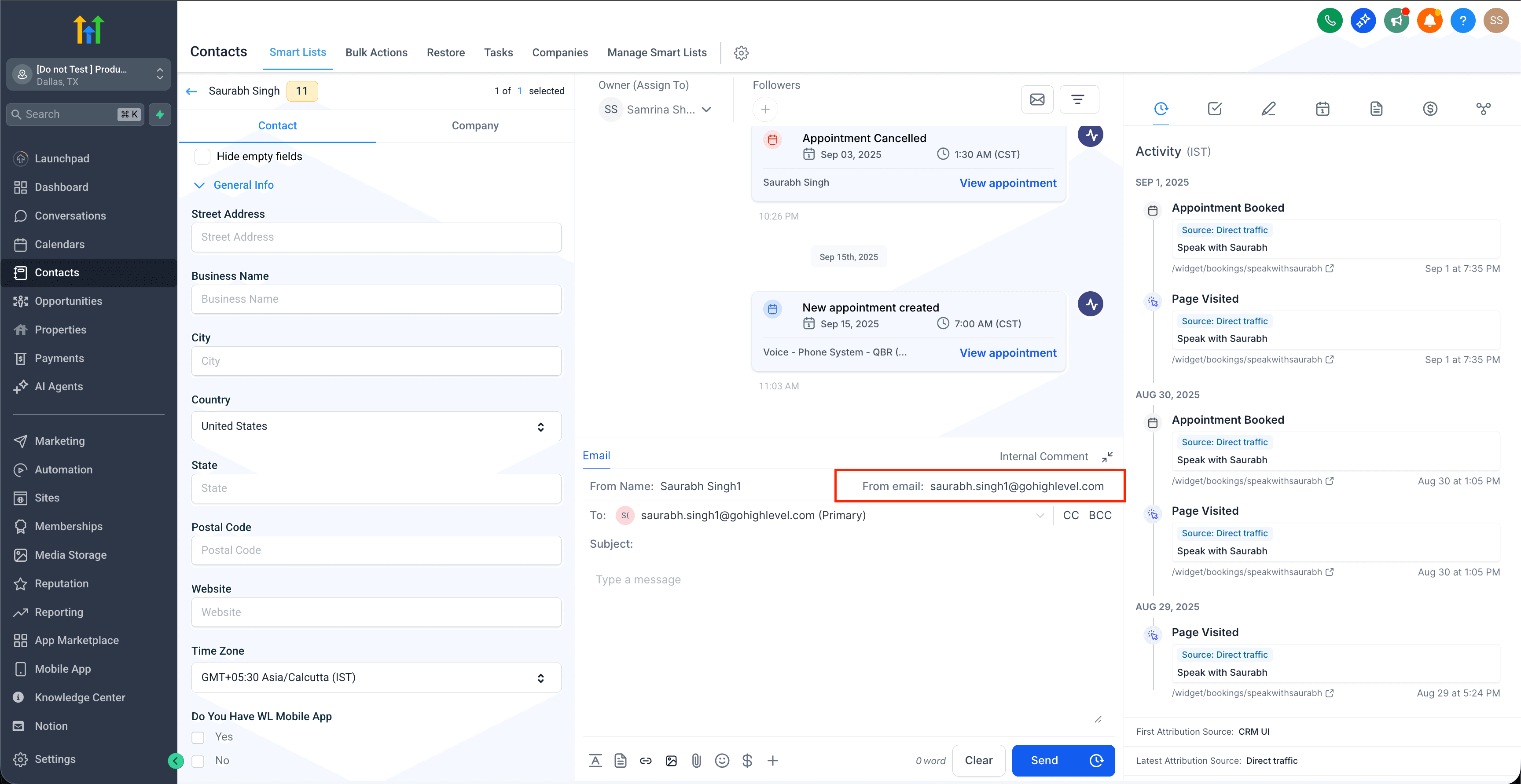 Interfaz de composición de email en la pestaña Conversación