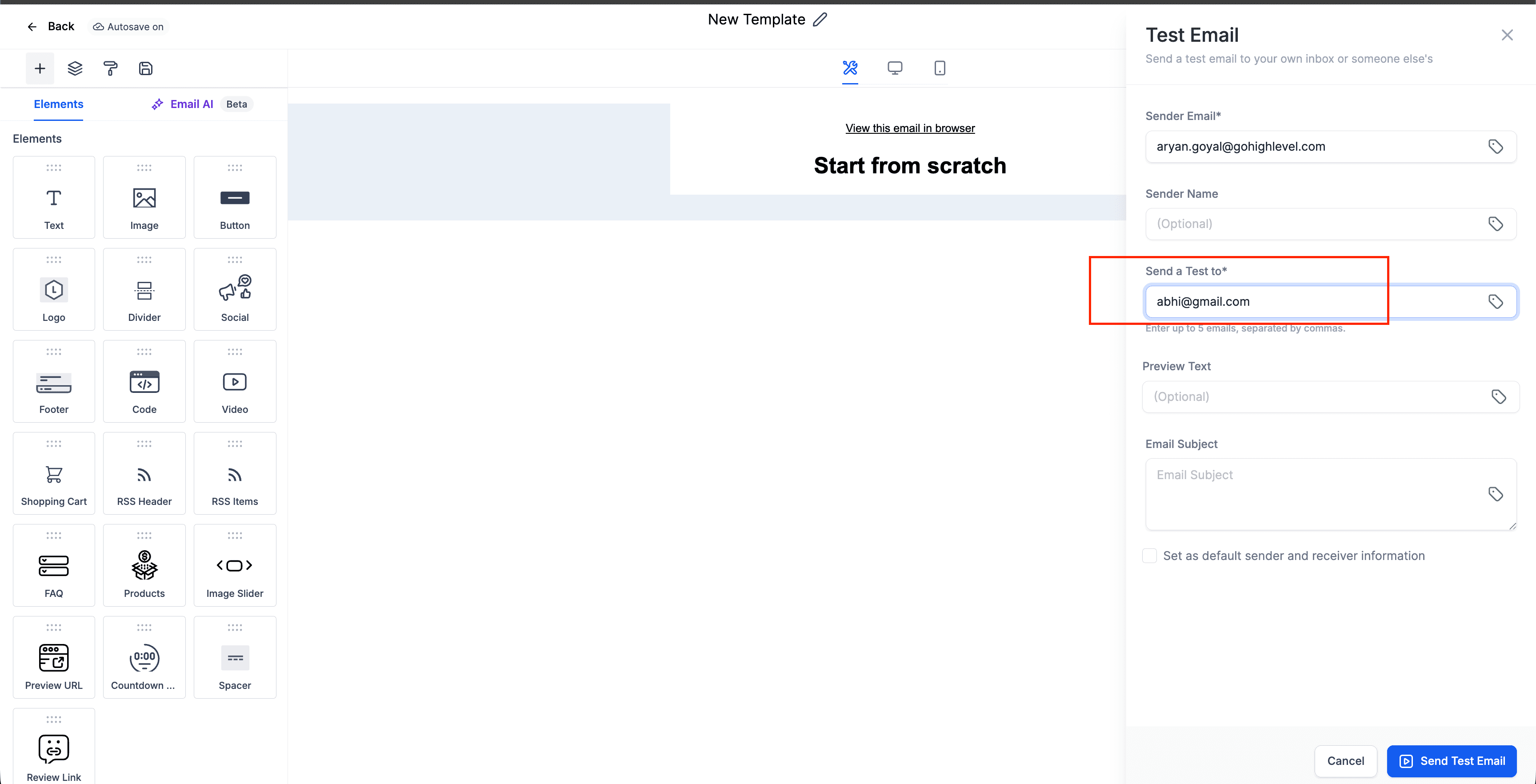 Configuración del remitente en una plantilla de email