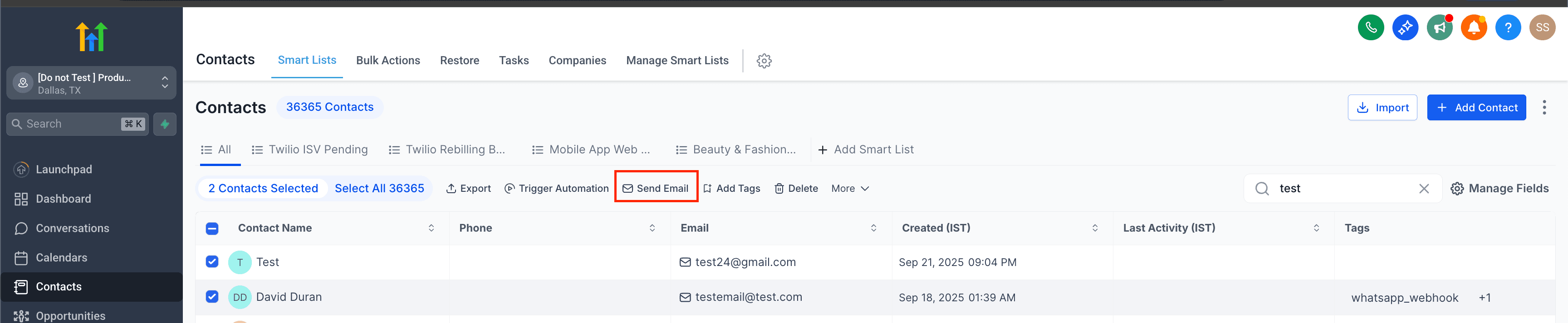 Acción masiva de envío de email — formulario de configuración del remitente