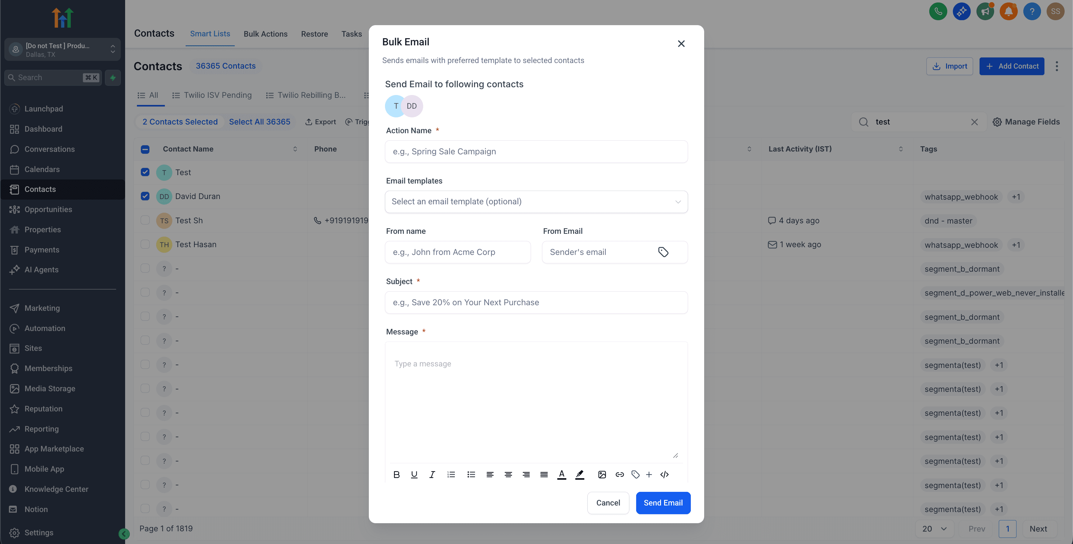 Acción masiva de envío de email — confirmación antes de enviar