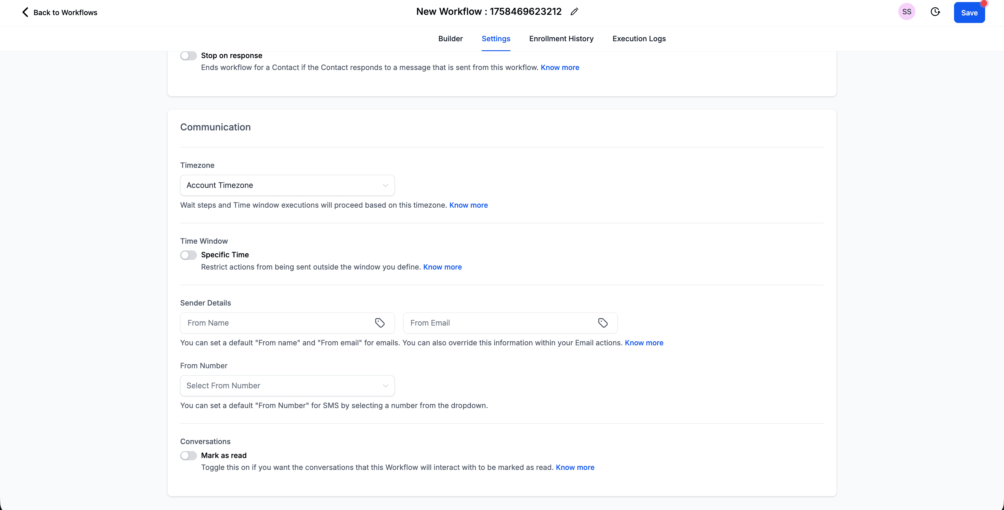 Ajustes del workflow — campo de dirección de email del remitente