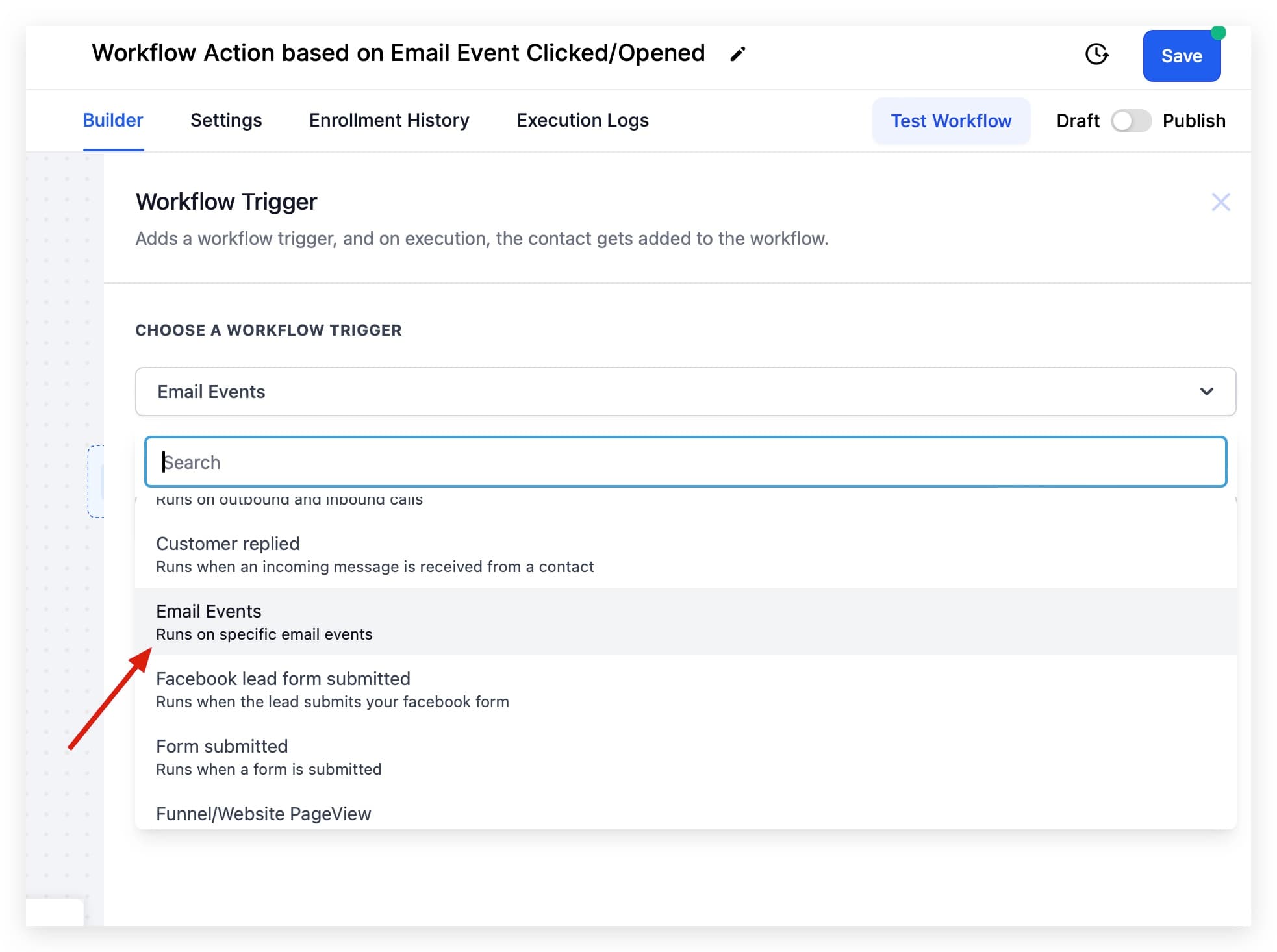 Seleccionar Email Events como disparador del workflow