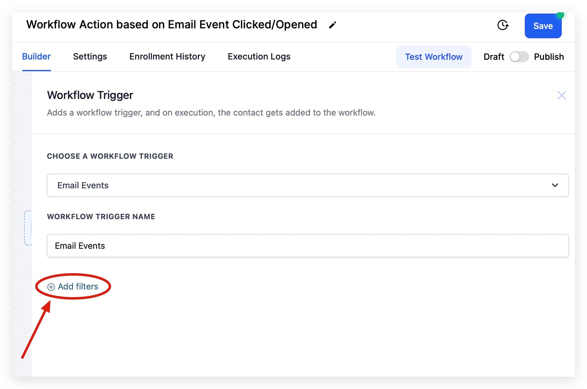 Agregar filtros al disparador de Email Events