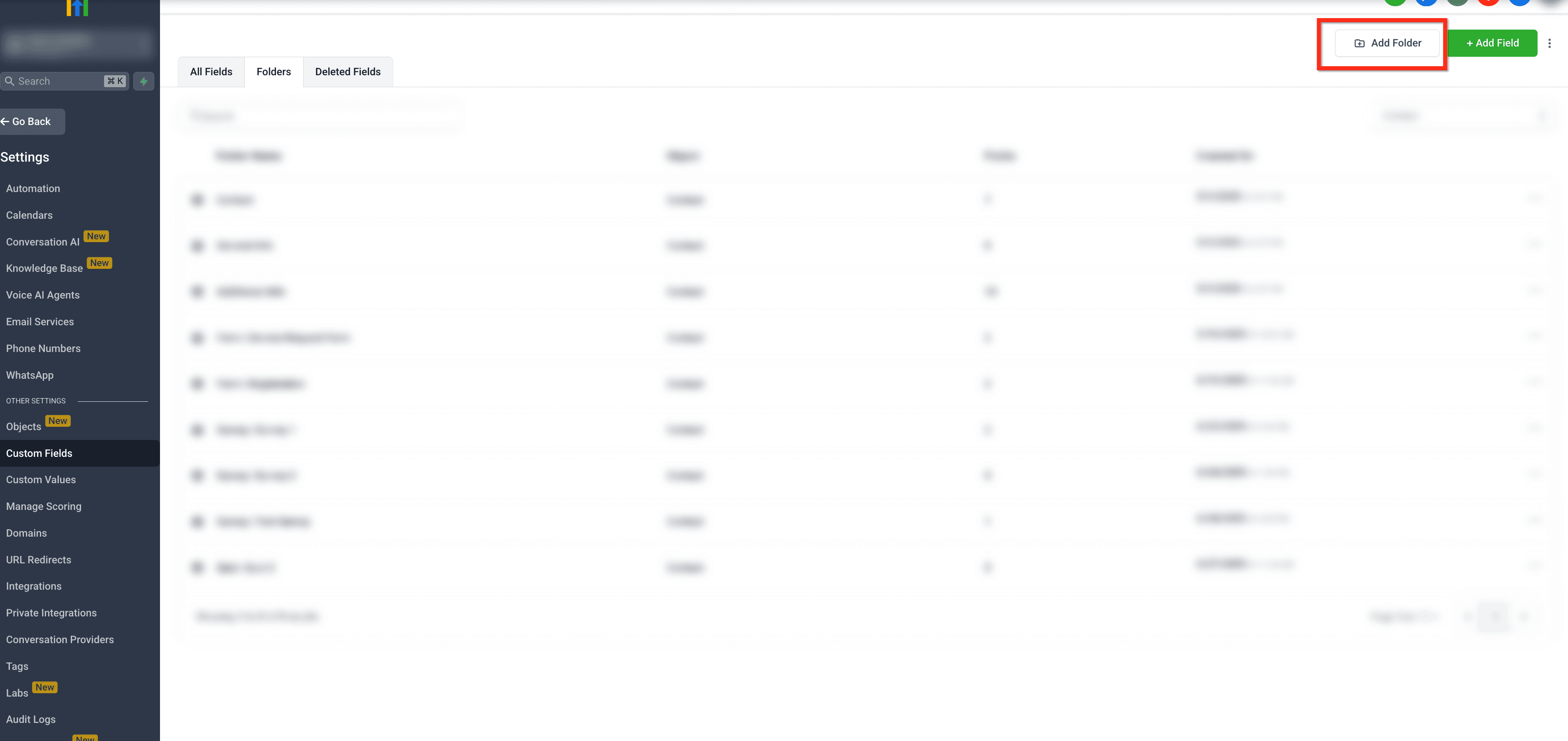 Gestión de carpetas en campos personalizados