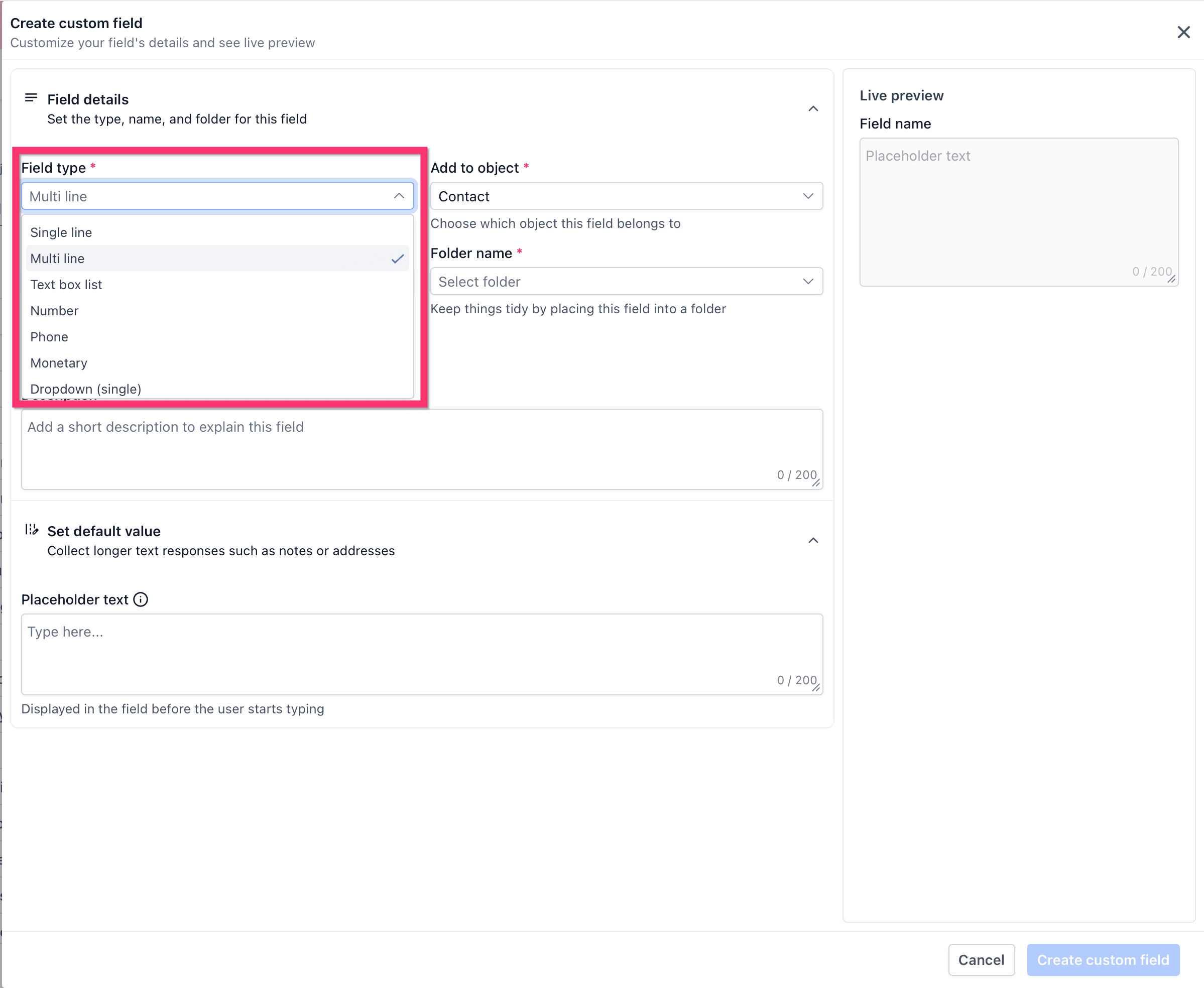 Selección del tipo de campo
