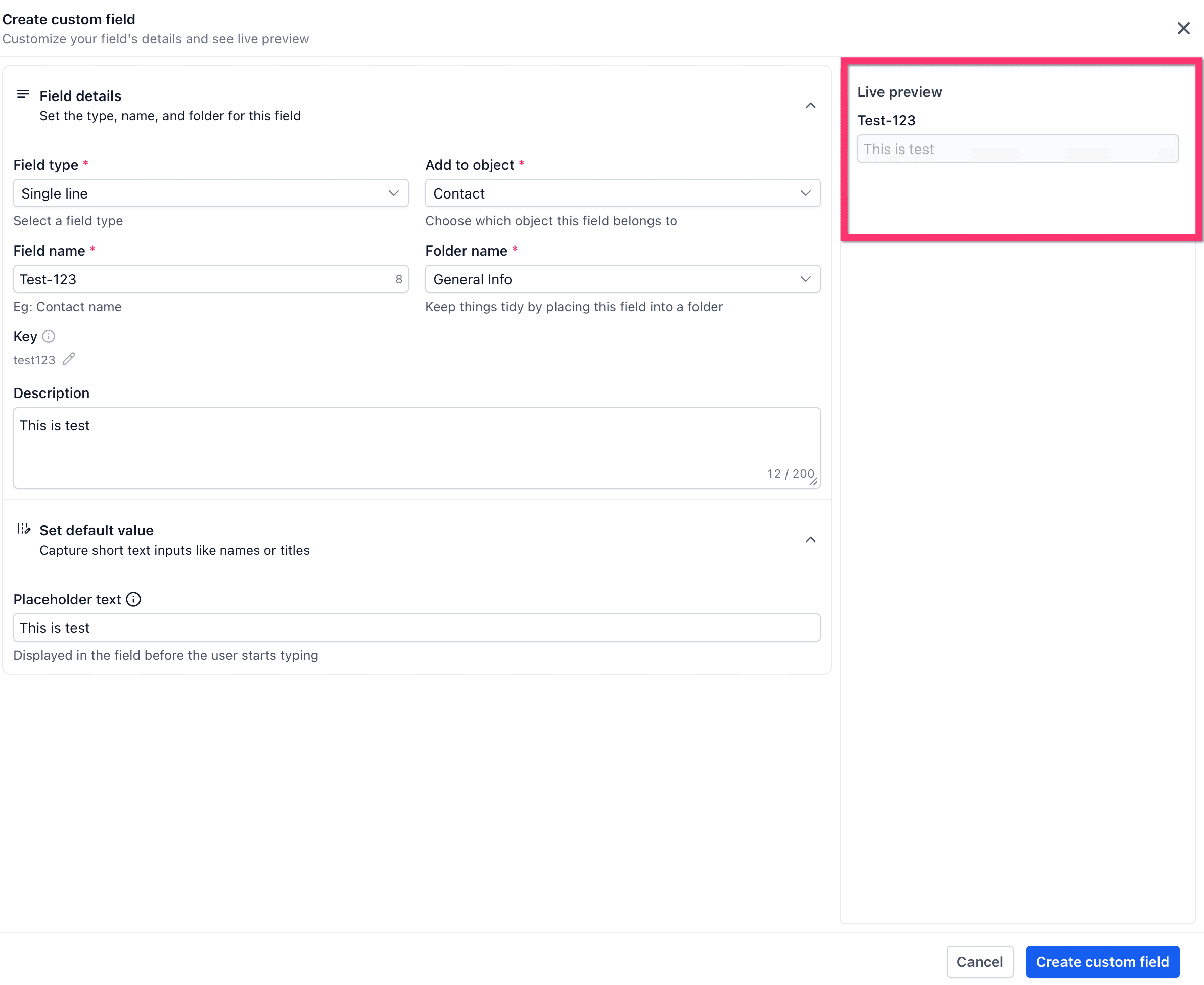 Vista previa del campo